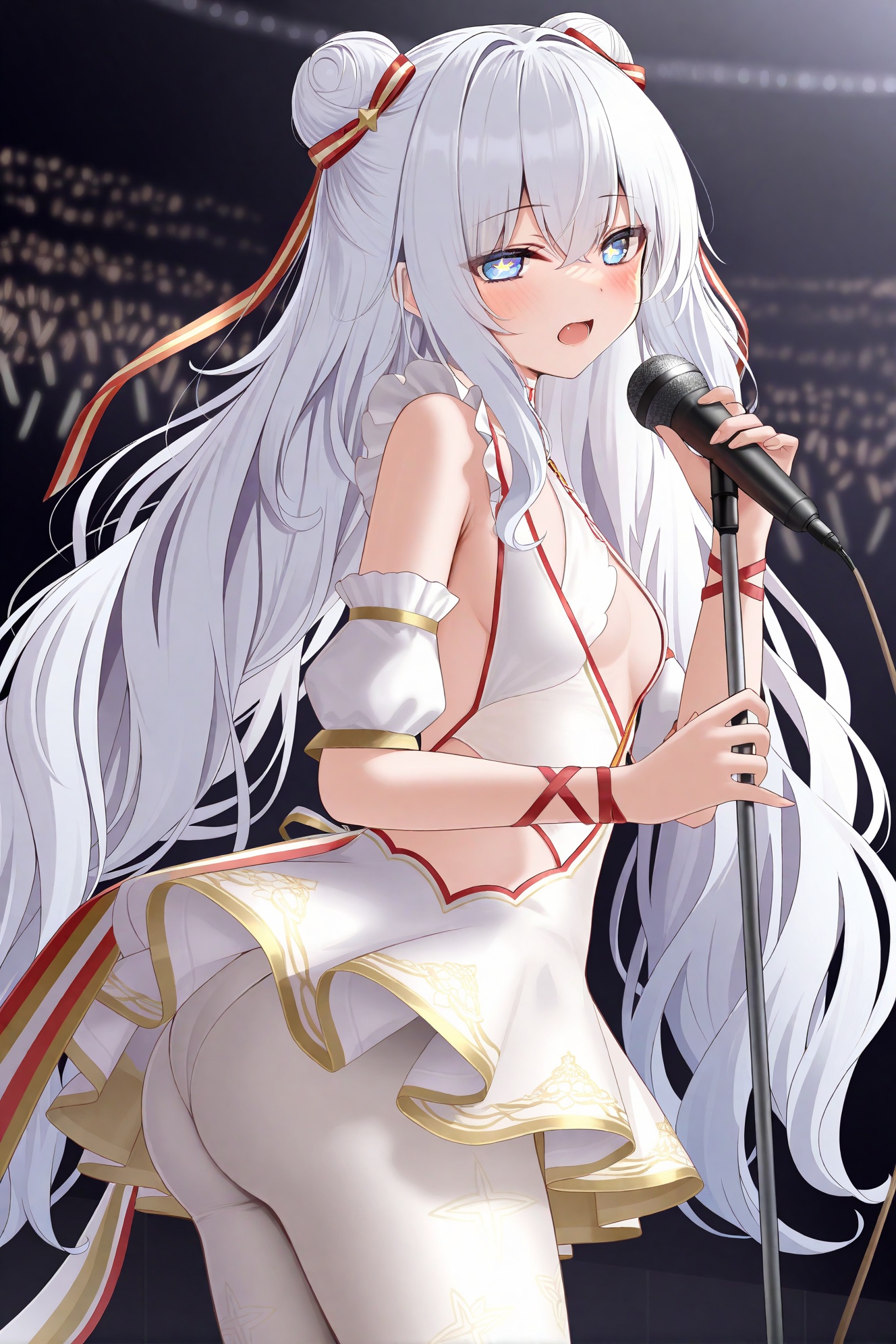 Monaka Curl,1girl, le malin \(azur lane\), +_+, long hair, solo, double bun, hair bun, pantyhose, white pantyhose, blue eyes, white hair, microphone, open mouth, breasts, small breasts, very long hair, singing, microphone stand, holding, hair between eyes, music, official alternate costume, white dress, dress, sidelocks, looking at viewer, symbol-shaped pupils, ass, holding microphone, leotard, bare shoulders, white leotard, ribbon, detached sleeves