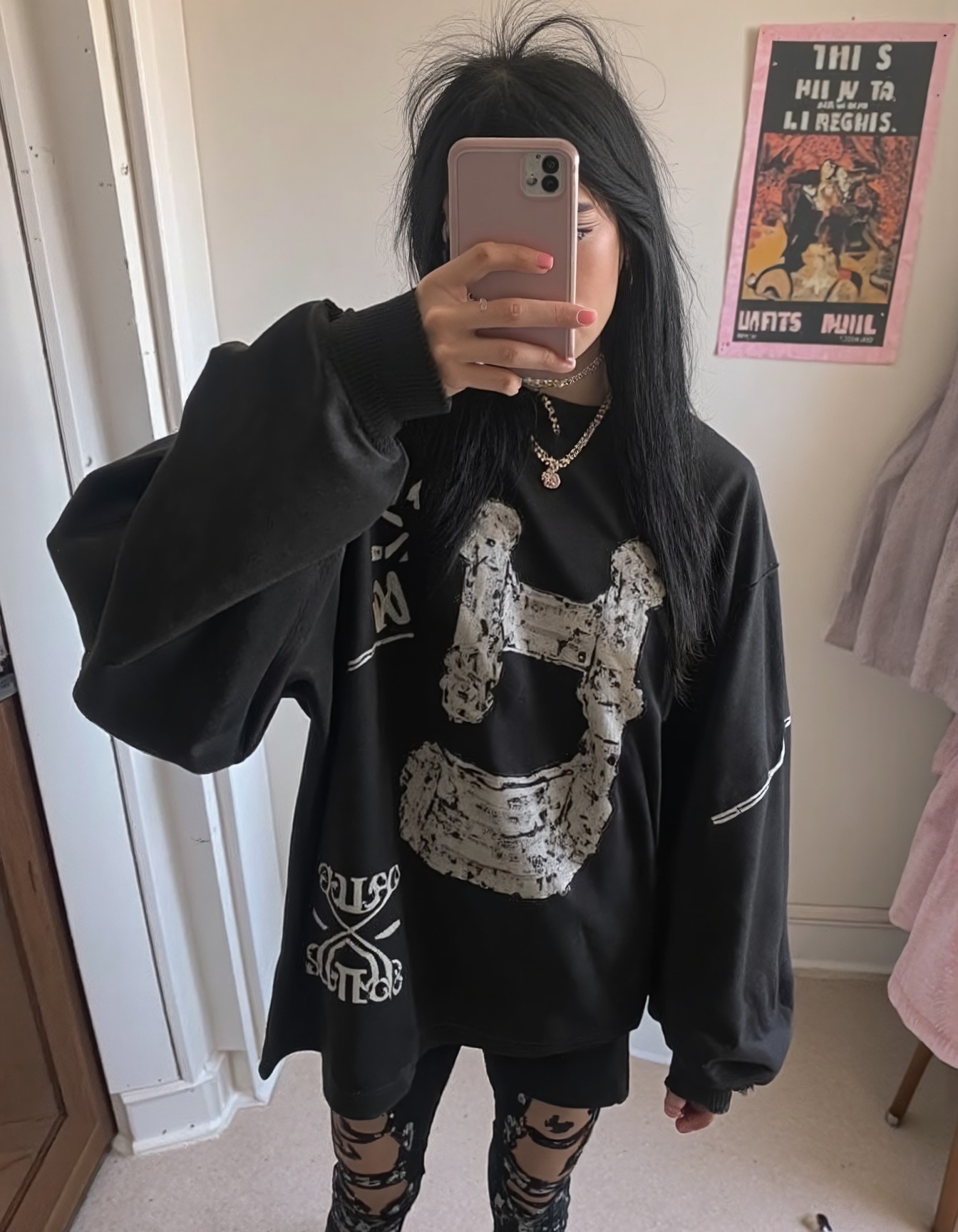 Selfie of a goth girl. She is wearing oversized clothes. on Tensor.Art