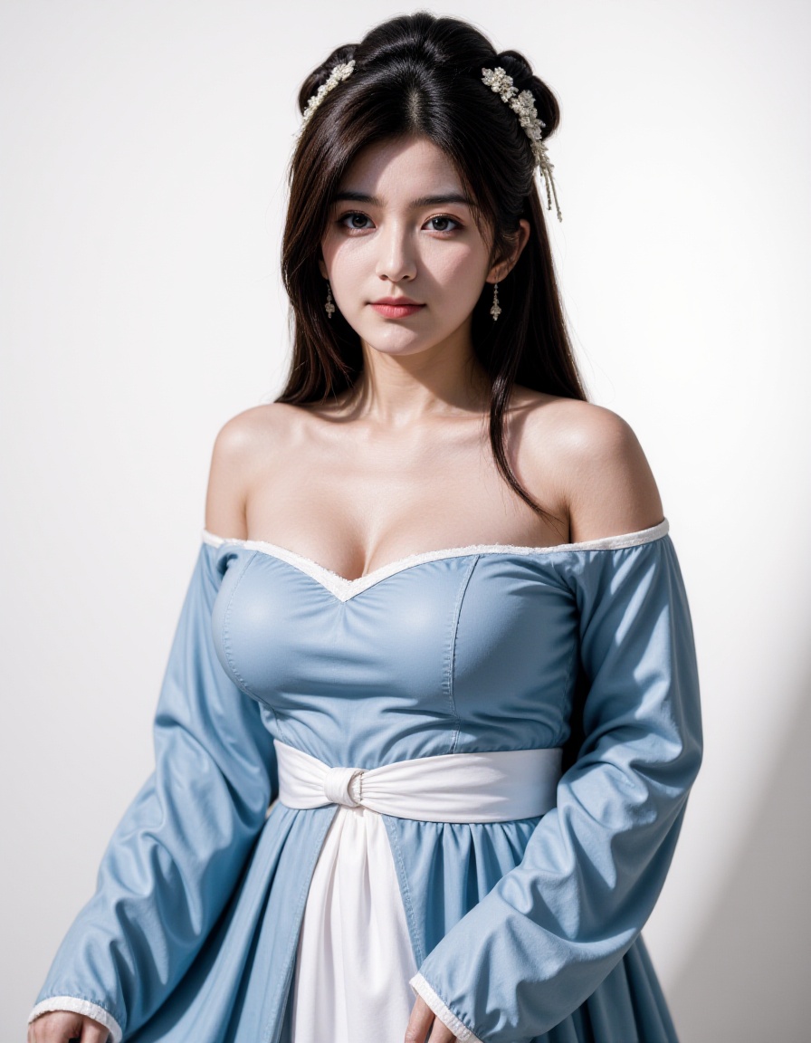 1girl, solo, dress, long hair, hair ornament, breasts, bare shoulders, chinese clothes, jewelry, earrings, realistic, hair bun, blue dress, looking at viewer, sash, off shoulder, upper body, white dress, brown hair, parted lips, black hair, cleavage, large breasts, long sleeves