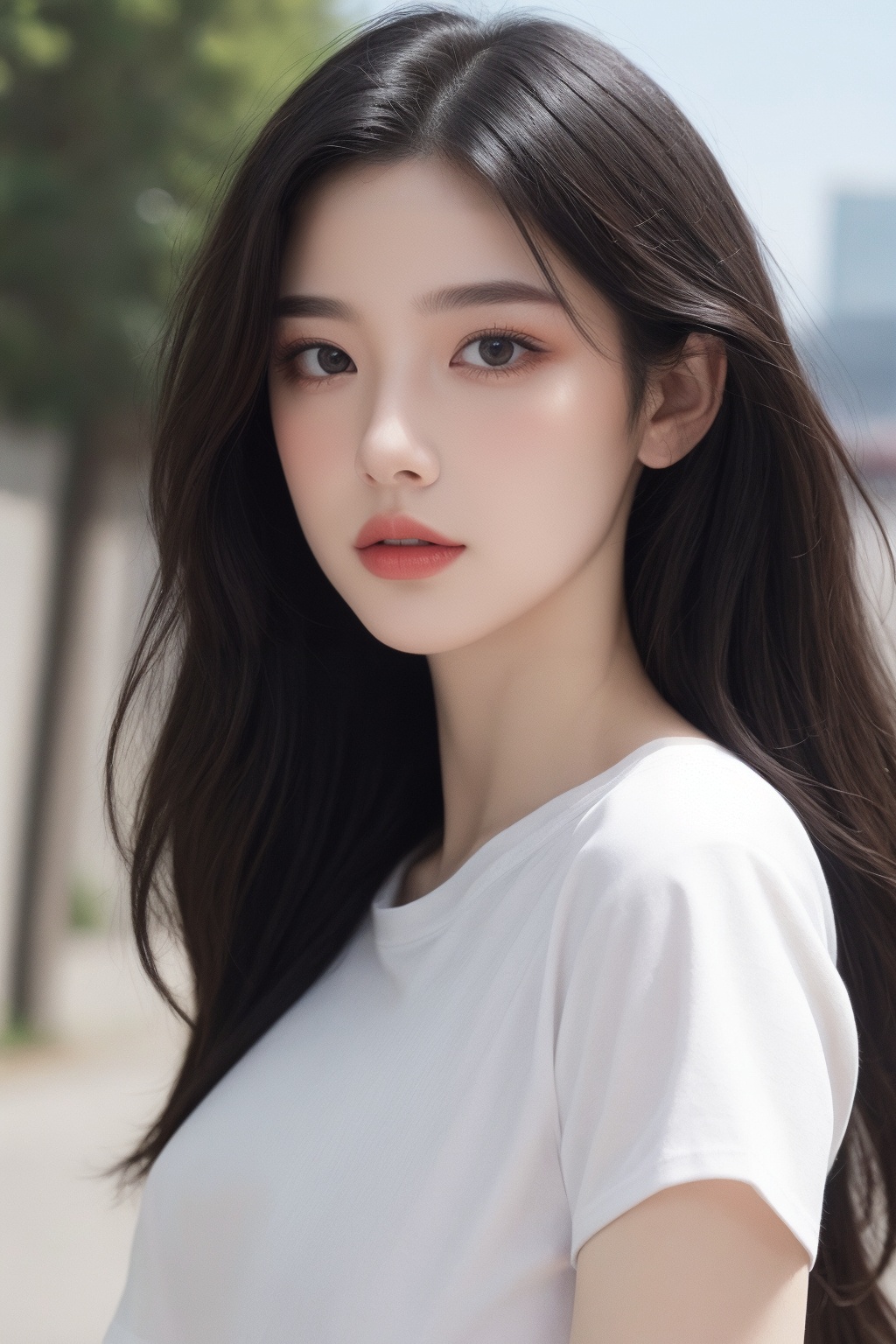 1girl, black hair, brown eyes, building, lips, long hair, looking at viewer, nose, outdoors, realistic, road, shirt, short sleeves, solo, upper body, white shirt  <lora:国际超模脸:0.66>