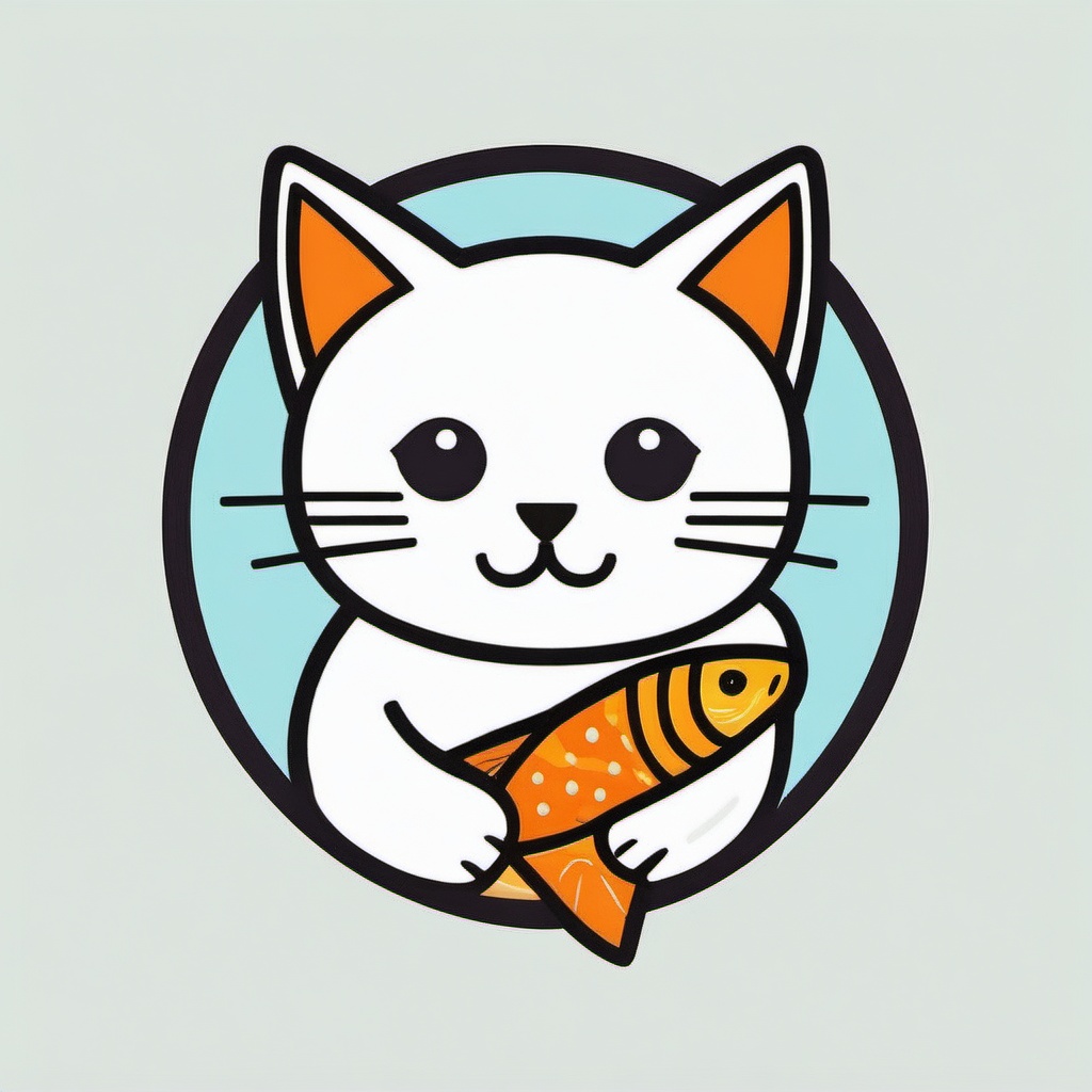 Logo, flat style, lines, a cat holding a fish