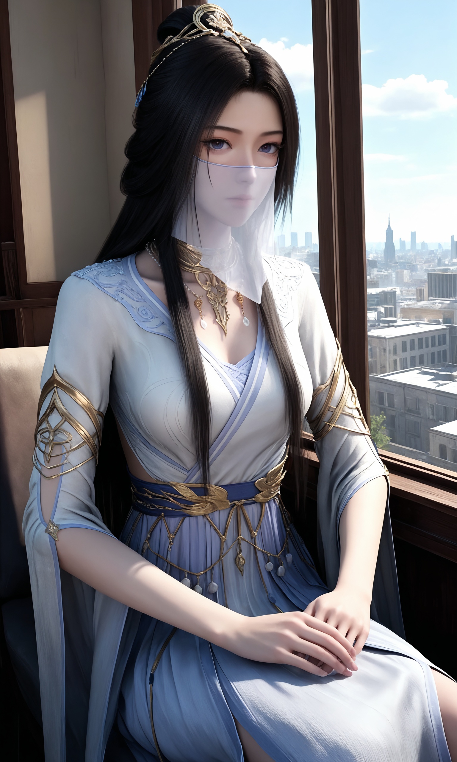 <lora:凡人-紫灵结丹初期ILL:0.8>,1girl,long,straight black hair,a light blue gown with intricate golden details,high collar,long sleeves,golden belt,white cloth mask,, 1girl,solo,sitting,window,frills,sky,cloud,indoors,cityscape,closed_mouth,sun,looking at viewer,