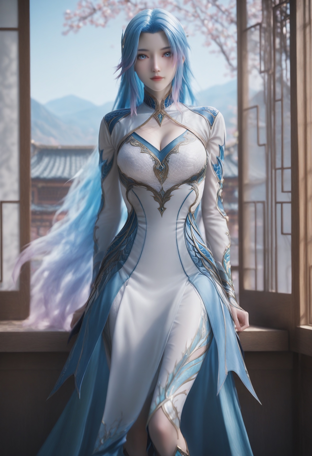 Wang_qiuer,1girl,solo,blue hair,multicolored hair,blue eyes,gradient hair,looking at viewer,very long hair,<lora:Wang_qiuer_10_illu-000006:0.75>,dress,clothing cutout,white dress,cleavage cutout,blue dress,photorealistic,hyperrealistic,<lora:realistic filter [IL]:1>,(pale skin:0.8),looking at viewer,standing,one hand on hip,kneeslantern,open window,looking at viewer,indoors,mountains,blossoms,flowers,east asian architecture,beautiful sunrise,warm ambient temperature,