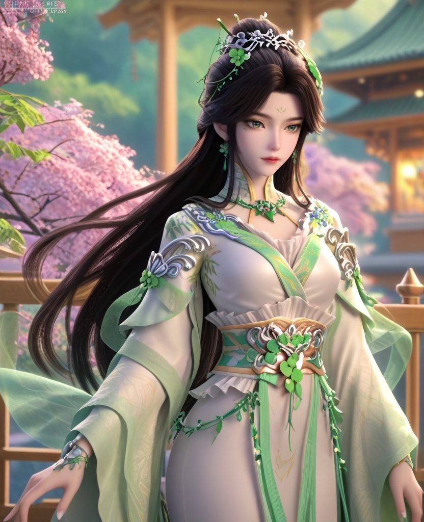 (oriental architecture, elegant decor, sophisticated style:1.1),(Leaning against a fence or railing:1.1),(breasts:1.2),<lora:XL16叶罗丽青梧仙子:0.95>,miss qingwu,white tiered gown,green eyes,facial mark,eye foils,black hair,half-up crown with long cascading hair,hair ornament,very long hair,jewelry,green shawl,sash,, score_9,score_8_up,score_7_up,score_6_up,score_5_up,score_4_up,3d rendering,tag1,tag2, Cinematic Lighting,backlighting,