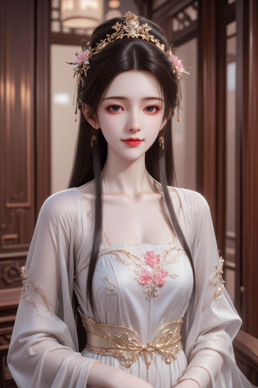 <lora:AgainAnimeGirlF1Lora10_v2:1>, 20 y.o, pale skin, smirk, black long straight hair, chinese elegant dress,