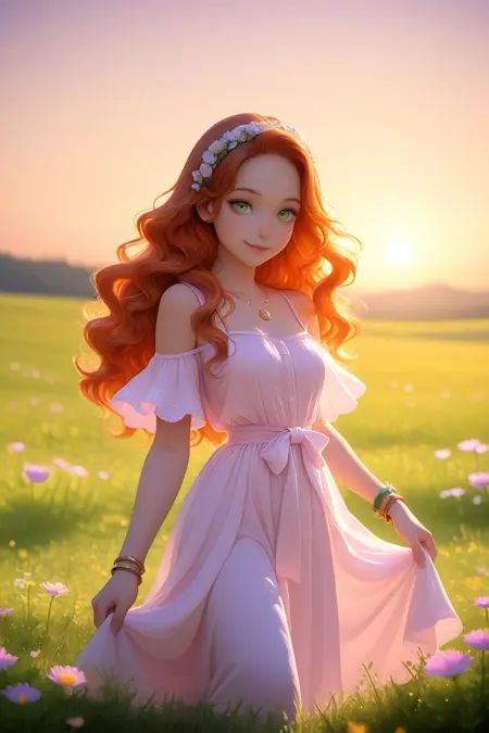 1girl, solo, bohemian dress, long wavy hair, layered bracelets, meadow setting, golden hour light, whimsical pose, dreamy expression, lush floral background, masterpiece, best quality