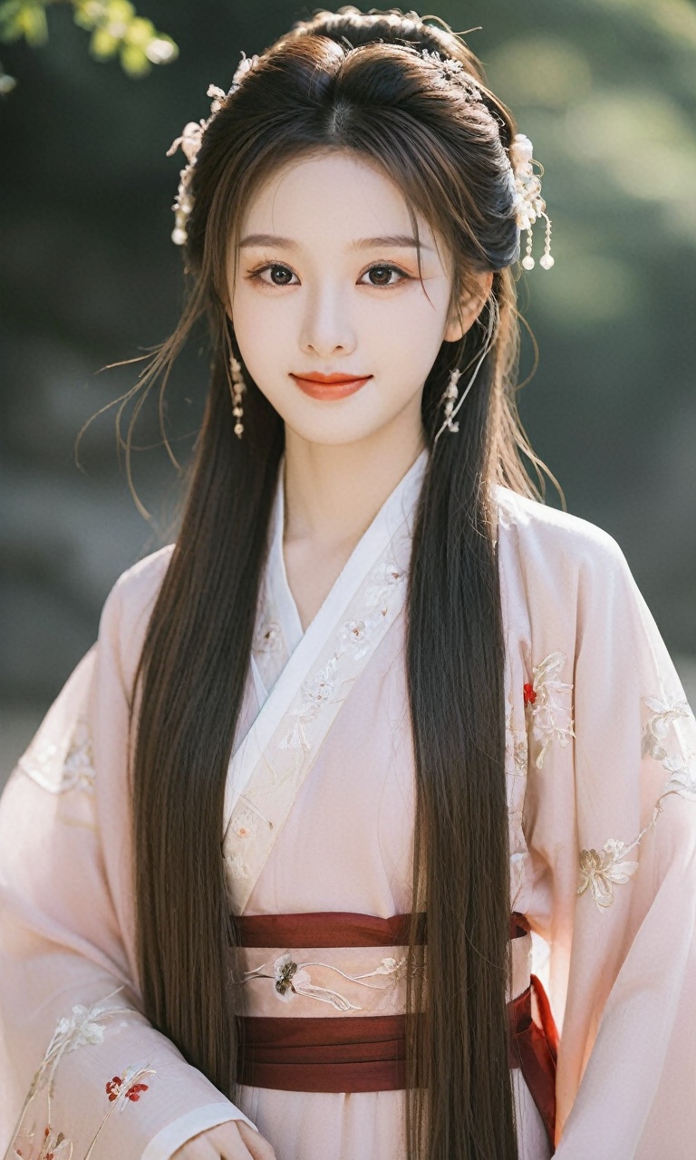 girlvn01, 1girl, hanfu, smile, Stunningly Beautiful girl, Haute_Couture, designer dress, wearing Haute_Couture, posing for a picture, fashion show, long shaped face, dark red eyes, sandy blonde side-wept hair, long hair, long ringlets, catwalk aesthetic, details, highest, amazing,