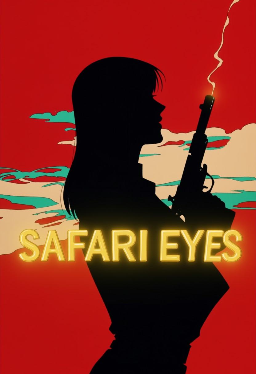 Safarieyes style profile silhouette of a woman holding a handgun with rimlighting on a red background,  with flat-colored...