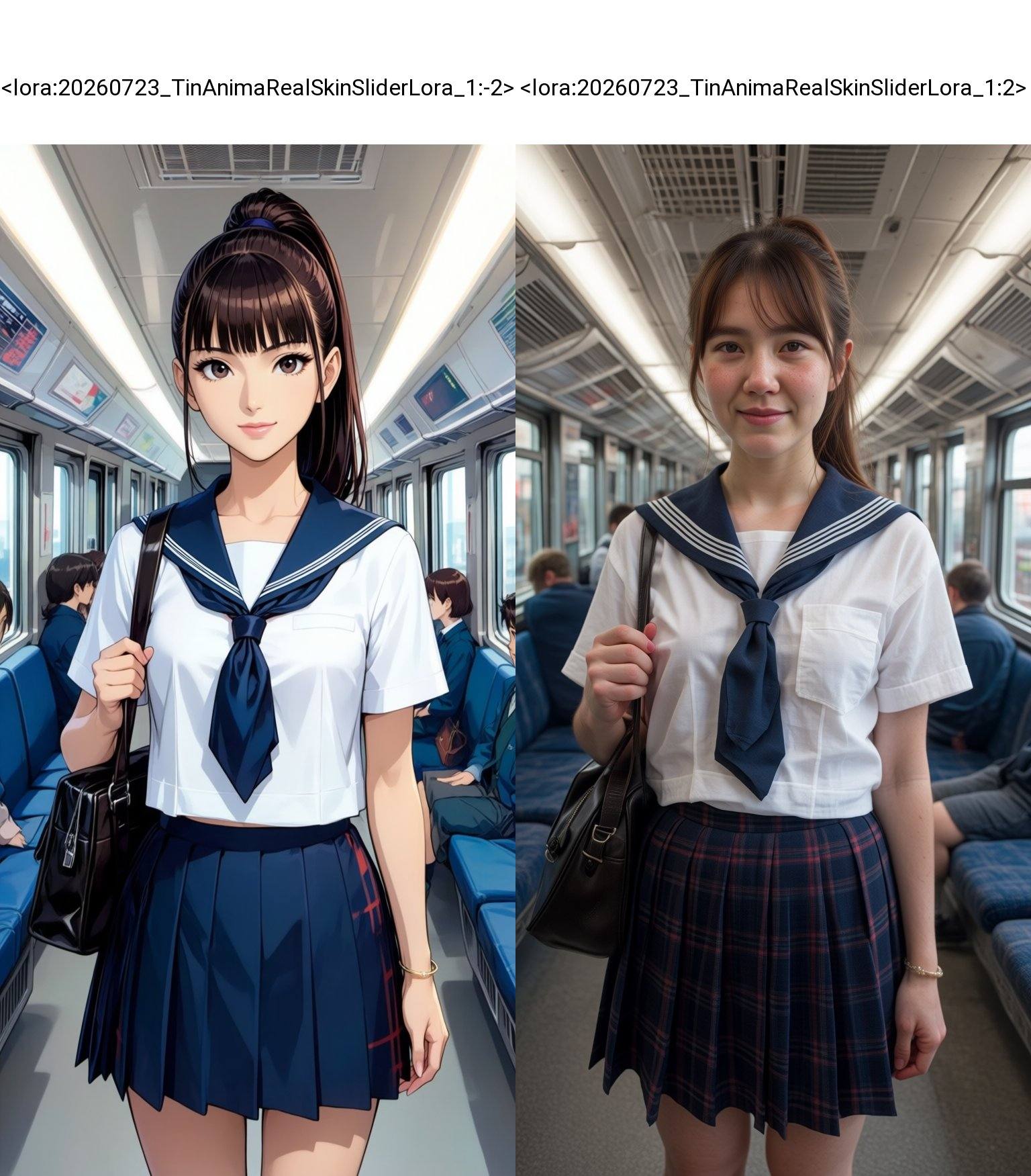 A young Asian woman with fair skin,  straight brown hair styled in a high ponytail with bangs framing her face. She has a...