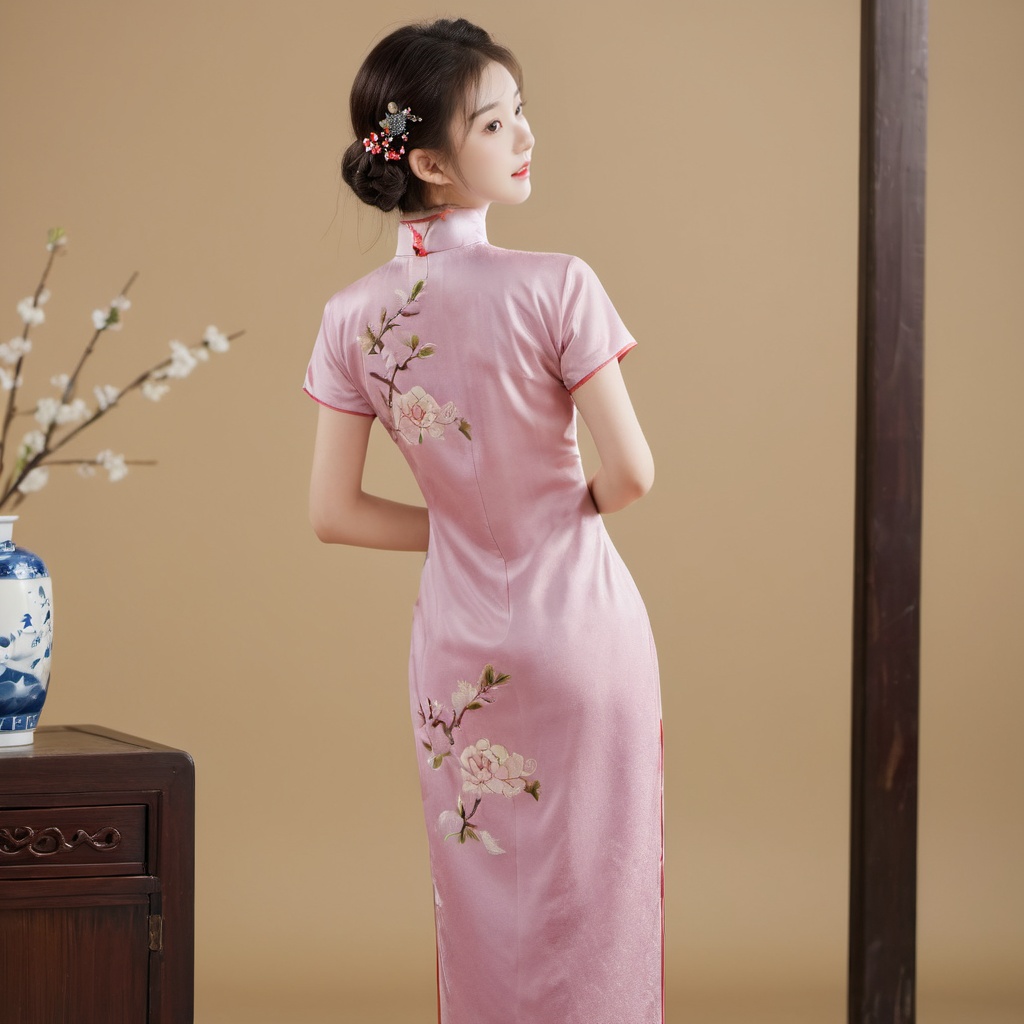 (Solo),from behind, full body, a 20-year-old beautiful idol girl wearing cheongsam, simple background, indoor, standing,