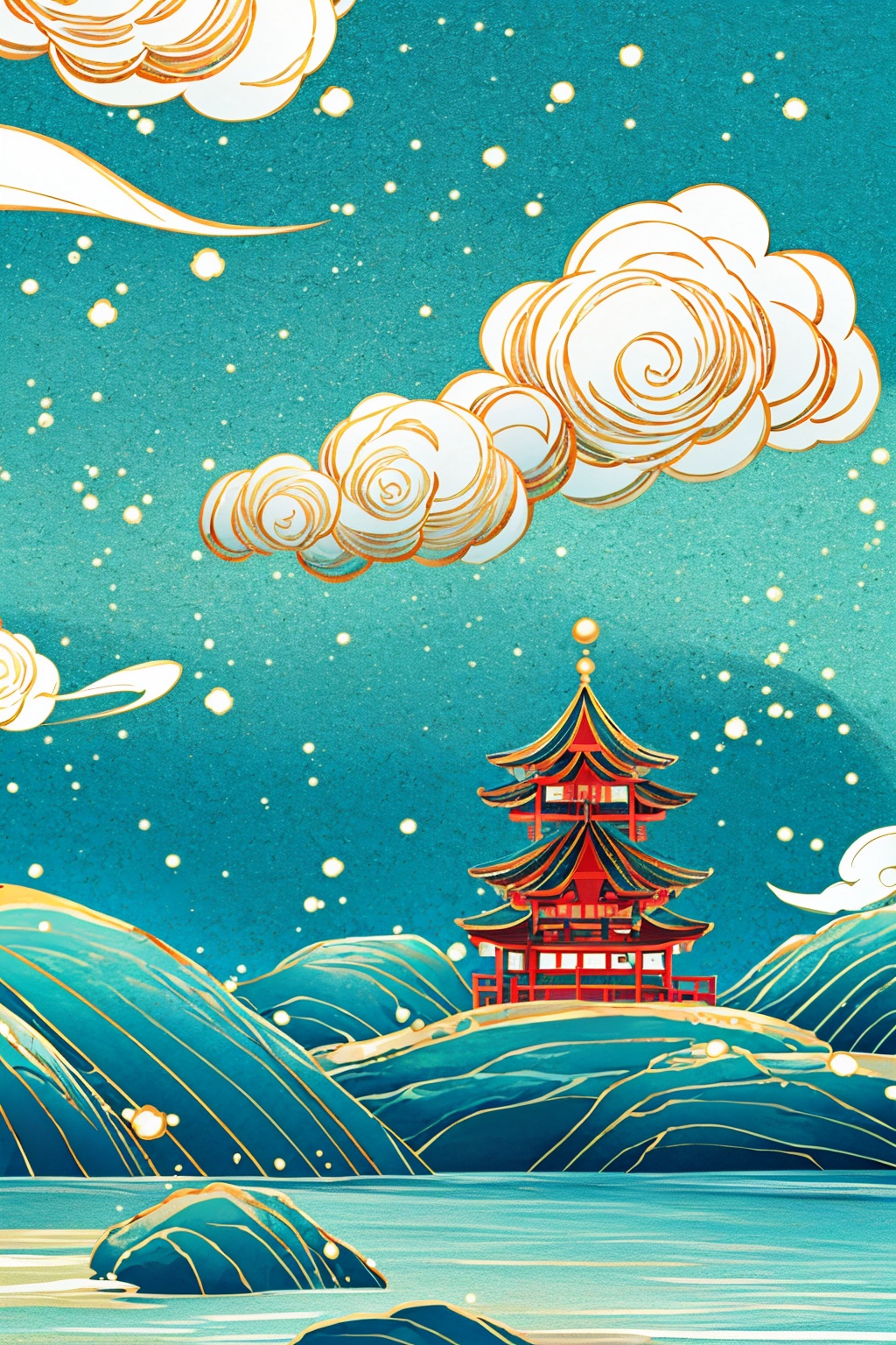 (8k, RAW photo, best quality, masterpiece:1.2,),Realistic,best quality,masterpiece,8K,HDR,RAW,1girl,<lora:add_detail:0.6>,mount,water,foge,chinese style,tower,flower,<lora:ENNE 只此青绿_v10:0.9>,zcql,