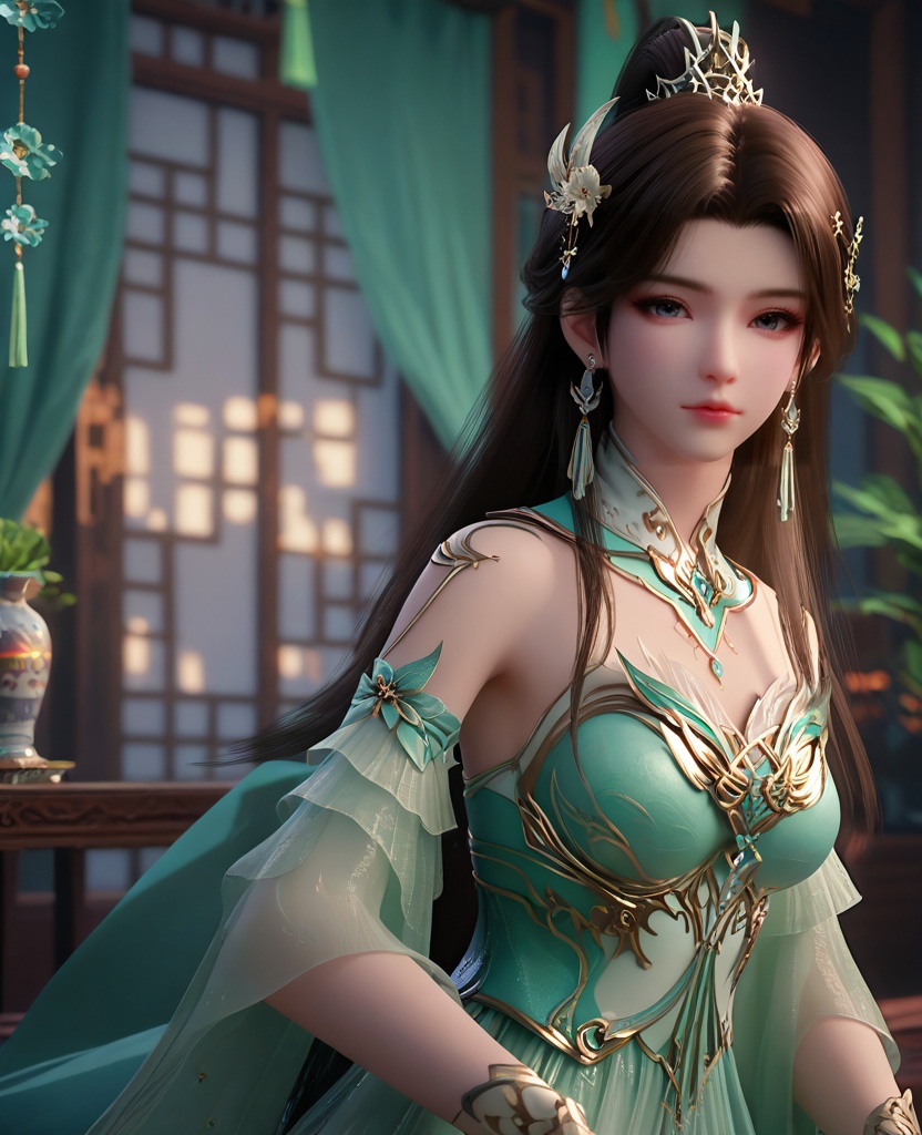 (oriental architecture, elegant decor, sophisticated style:1.1),(showing indifference:1.1),looking at viewer,(breasts:1.2),<lora:XL16斗破苍穹古薰儿:0.95>,miss guxuner,celadon corset,aloes green miniskirt,gray eyes,pink eyeshadow,black hair,tiered high ponytail with long front strands,super long hair,hair ornament,earrings,jewelry,detached collar,green sash,sheer fabric overskirt,cyan fart curtain,spiral foot decoration,high heels,, score_9,score_8_up,score_7_up,score_6_up,score_5_up,score_4_up,3d rendering,tag1,tag2, Cinematic Lighting,backlighting,, zPDXL3, zPDXL2,zPDXL, zPDXLxxx, zPDXLrl,