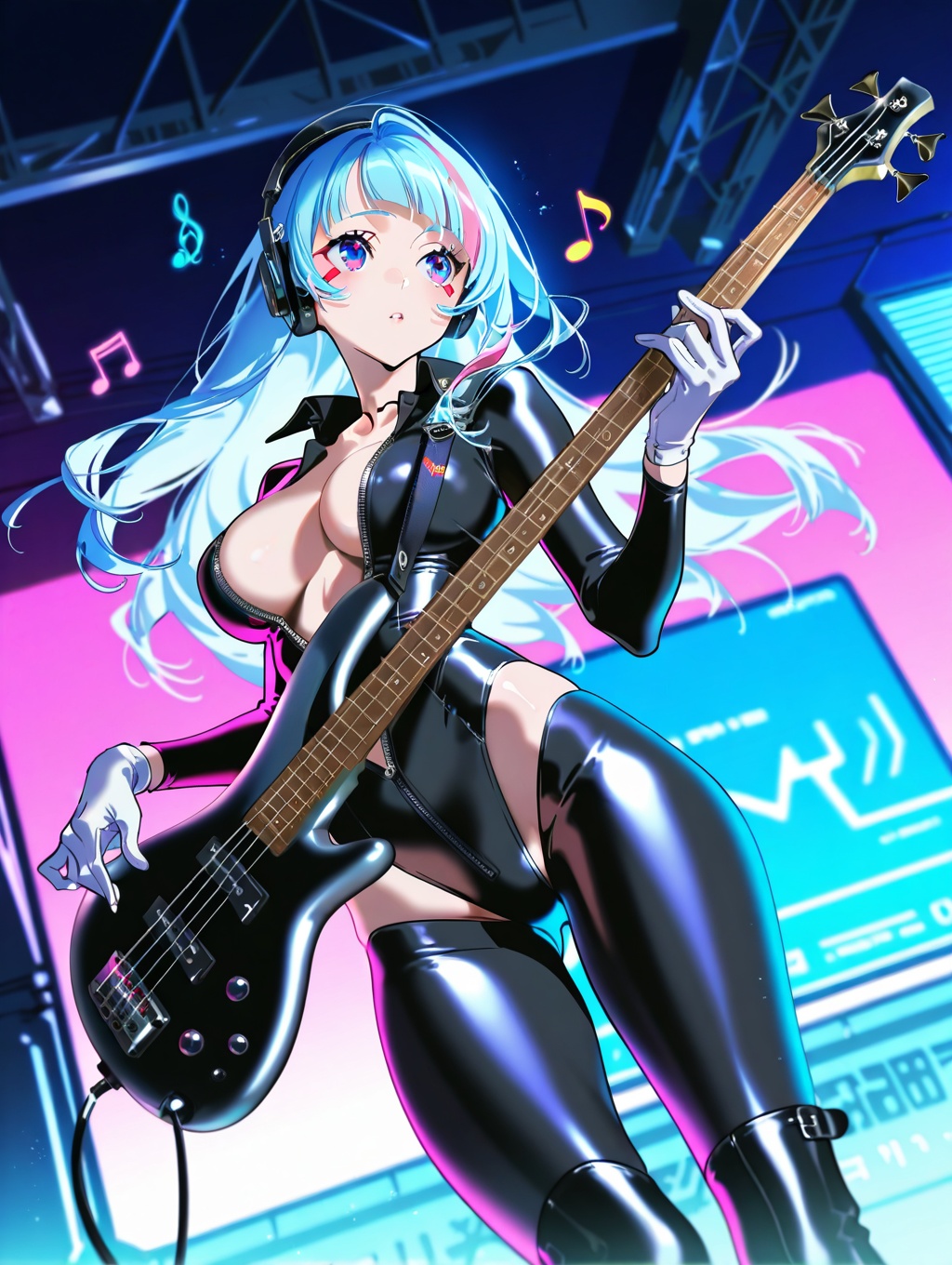(1woman playing bass guitar),solo,standing,dynamic pose,front,beautiful eyes,large breasts,streaked long hair,centre parting bangs,glossy leather long Sleeve Open collar shiny sliver unzipped leotard,white gloves,lovestruck,headphone,thighboots,swirling musical notes,cyberpunk stage,textures,detailed texture,very detailed face,masterpiece,best quality,good quality,very aesthetic,newest,artist:yoneyama mai,cinematic_angle,foreshortening,<lora:SR300E X20A:1>,
