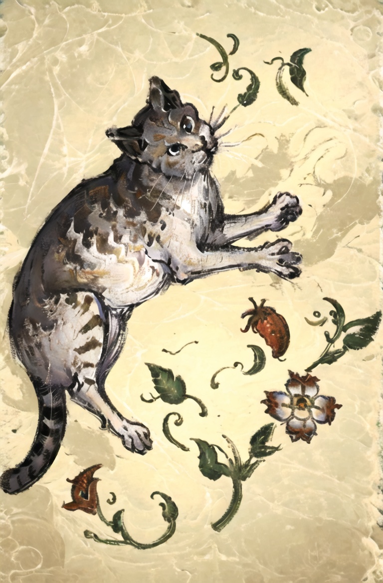 masterpiece, best quality, Medievalcat,solo,flower.run <lora:Medievalcat:0.88>,medieval, painting,scrawl,  fruit