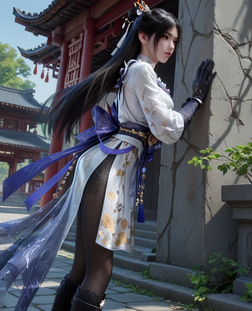(oriental architecture, elegant decor, sophisticated style:1.1),(Leaning against a wall,:1.1),(breasts:1.2),<lora:XL32顾清寒冰雁:0.95>,miss guqinghan,white dress,purple lingerie,sash,black hair,long hair,hair ornament,black gloves,black pantyhose,black boots,fart curtain,, score_9,score_8_up,score_7_up,score_6_up,score_5_up,score_4_up,3d rendering,tag1,tag2, Cinematic Lighting,backlighting,