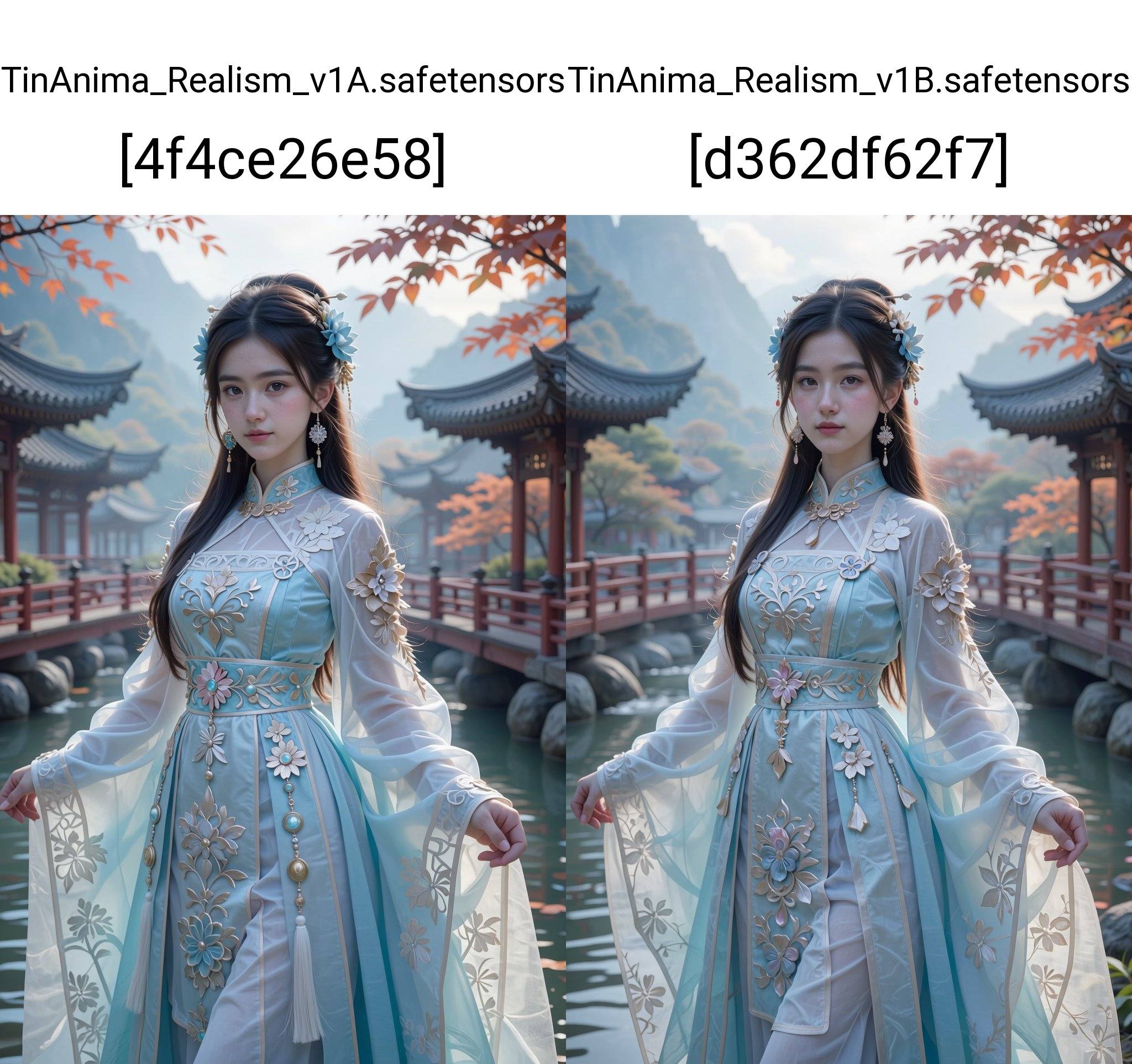 Create an enchanting scene featuring a young woman dressed in an elegant,  flowing traditional outfit. She stands graceful...