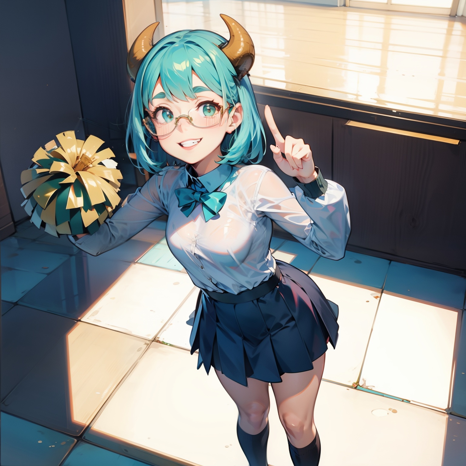 1girl,lolita,cow  horns,glasses,Bending,middle finger,grin,tile_floor,Fisheyes,masterpiece,top quality,best quality,official art,beautiful and aesthetic,animation,<lora:lolita_v1:1>,
