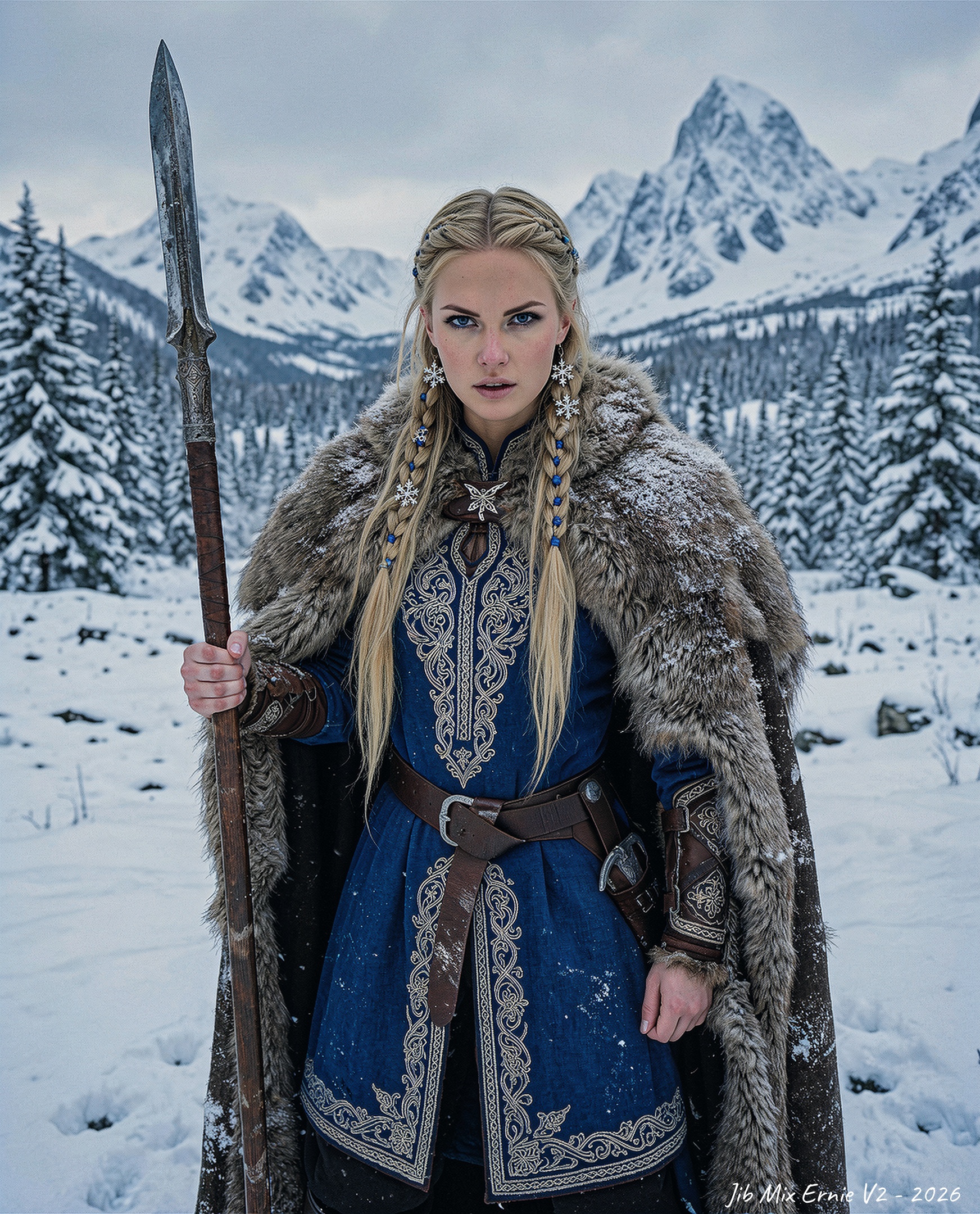 A fierce Viking warrior woman stands in a snowy,  mountainous landscape. She has long,  blonde hair styled in intricate br...