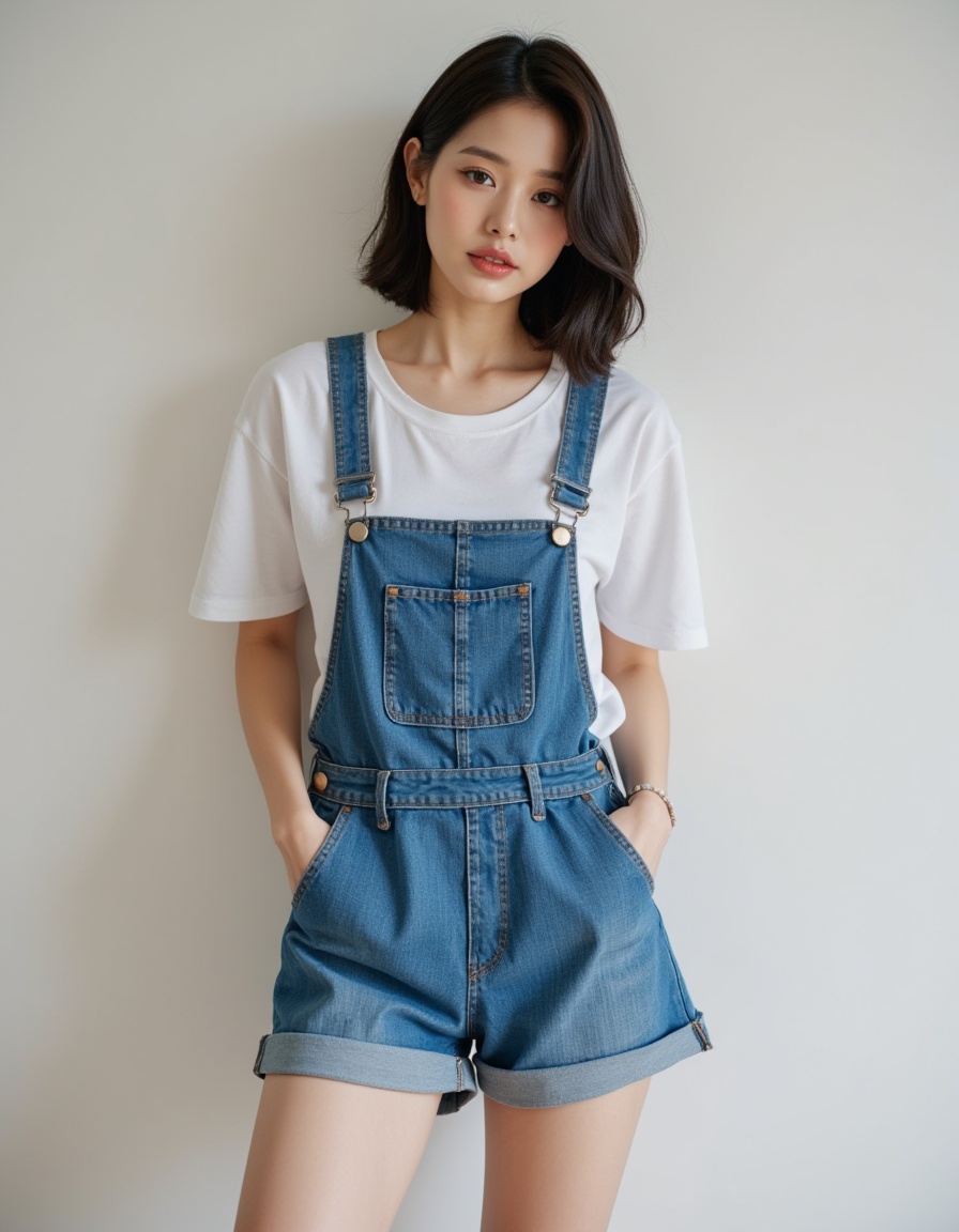 a real picture of a south korea woman,n(denim overall shorts),