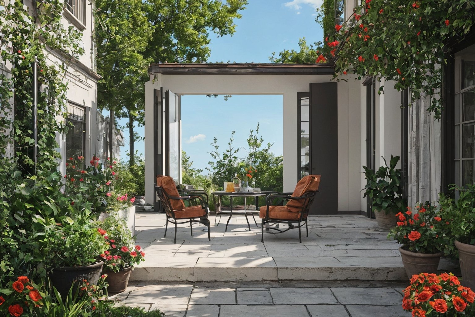 Villa,lots of blooming roses,outdoor,sky,sky,clouds,trees,blue sky,no people,leaves,chairs,grass,plants,red flowers,architecture,landscape,doors,potted plants,shrubs,house,garden,HD,16k,garden design,