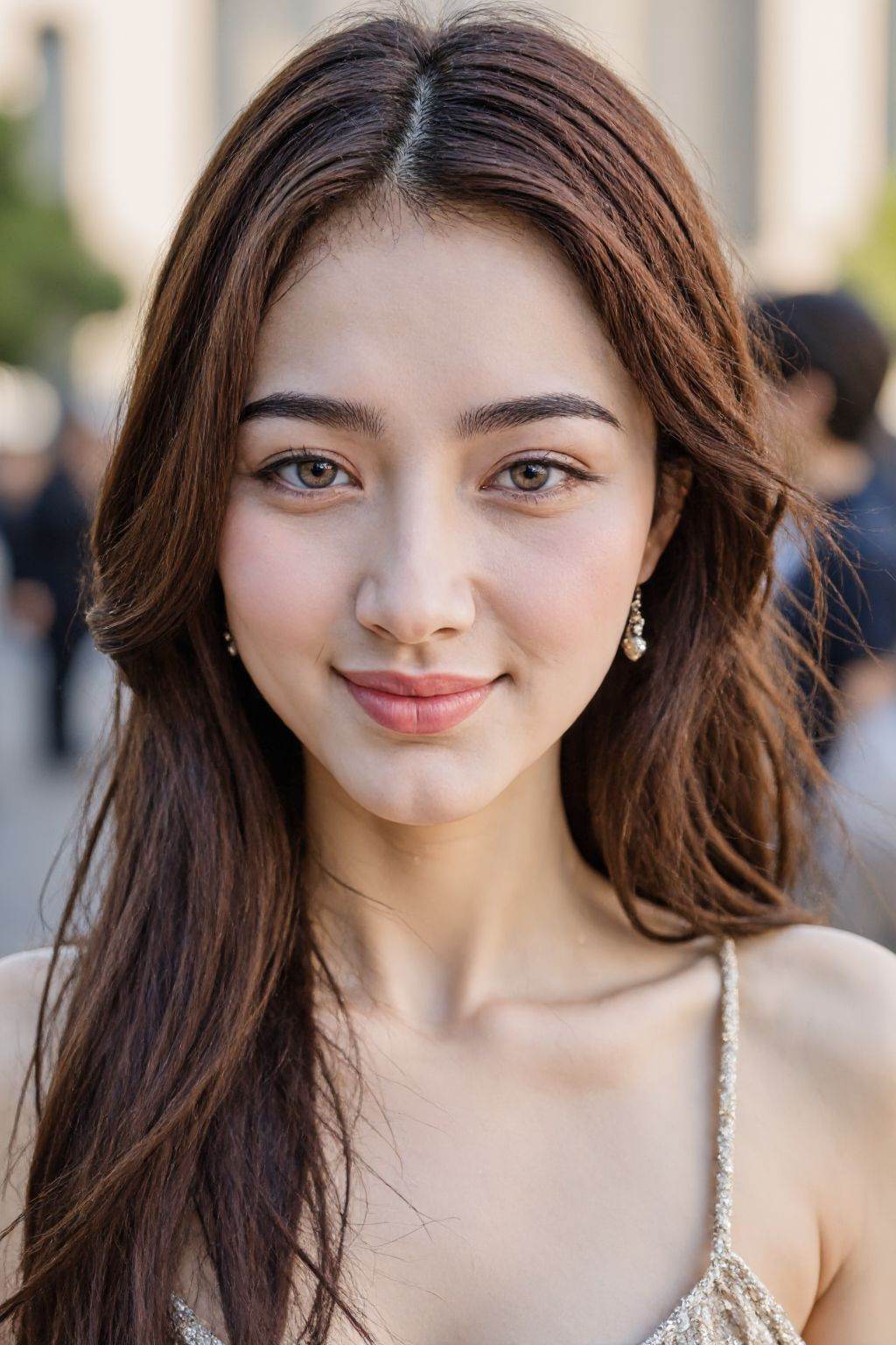 instagram photo, closeup face photo of 20 y.o, brown eyes, pale skin, smirk, brown long straight hair, elegant dress, outdoors,