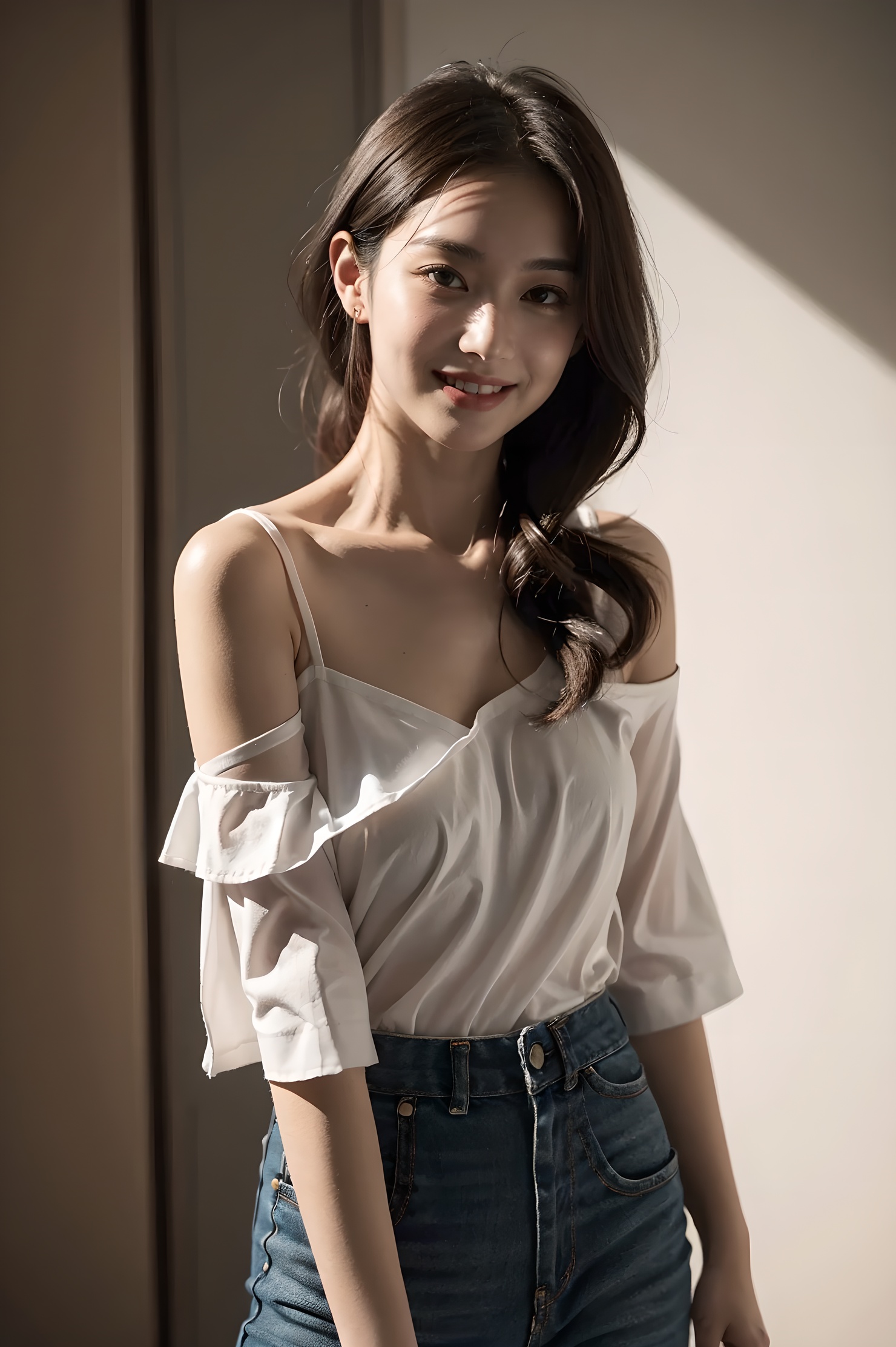 1girl, offshoulder, smile, cute, waist up, deep shadow, in the dark, low key.best quality, masterpiece, (photorealistic:1.4) .