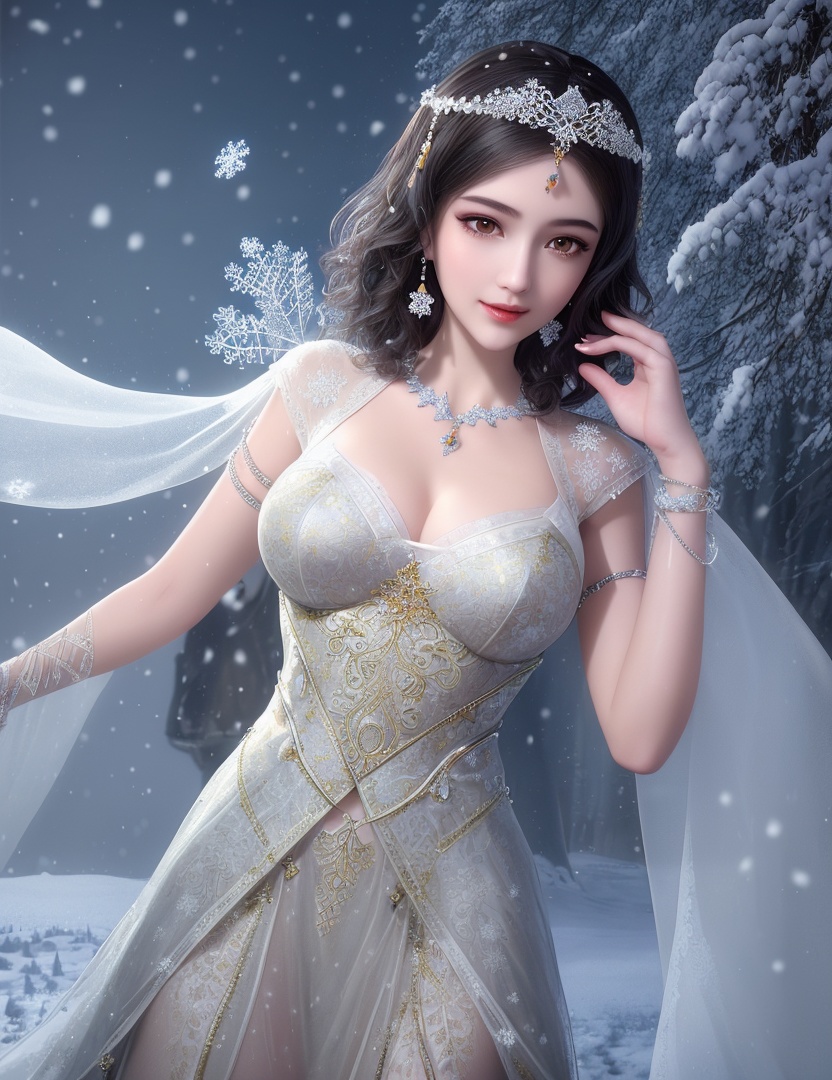 ultra realistic 8k cg, flawless, clean, masterpiece, professional artwork, famous artwork, cinematic lighting, cinematic bloom, perfect face, beautiful face, fantasy, dreamlike, unreal, science fiction,   lace, lace trim, lace-trimmed legwear, luxury, jewelry, diamond, gold, pearl, gem, sapphire, ruby, emerald, intricate detail, delicate pattern, charming, alluring, seductive, erotic, enchanting, hair ornament, necklace, earrings, bracelet, armlet,halo,autumn,((,1girl, pov,best quality, ))  , ((((1girl, solo,outdoors, large breasts,,snowflakes,  snow, snowing,   ))))    <lora:DA_BaiCai:0.7>