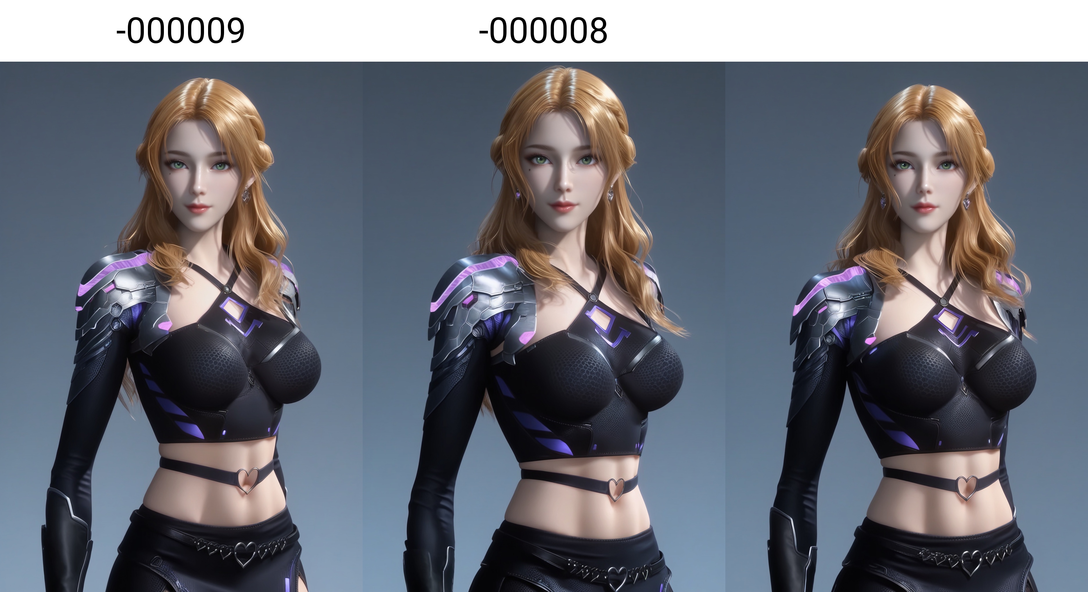 (score_9),<lora:珍妮特-apony-000009:0.83>,znt,1girl,solo,long hair,blonde hair,earrings,green eyes,braid,mole under eye,crop top,belt buckle,shoulder armor,midriff,black skirt,black gloves,navel,skirt,thighhighs,black pantyhose,see-through,<lora:perfect eyes_v1:0.8>,light blush,Expressiveh,<lora:Expressive_H-000001:0.8>,collarbone,(glamor:1.2),curvy,BREAKlooking at viewer,front view,<lora:e肤色滑块:0.5>,fair_skin,(pale_skin),((white skin)),light skin,<lora:皮肤凹痕:1.2>,ultra-detailed skin texture,detailed textures,BREAKsimple background,grey background,<lora:e色温:0.35>,4K ultra HD,sharp focus,high detail,natural lighting,high contrast,hearts,Volumetric Lighting,Tyndall effect,