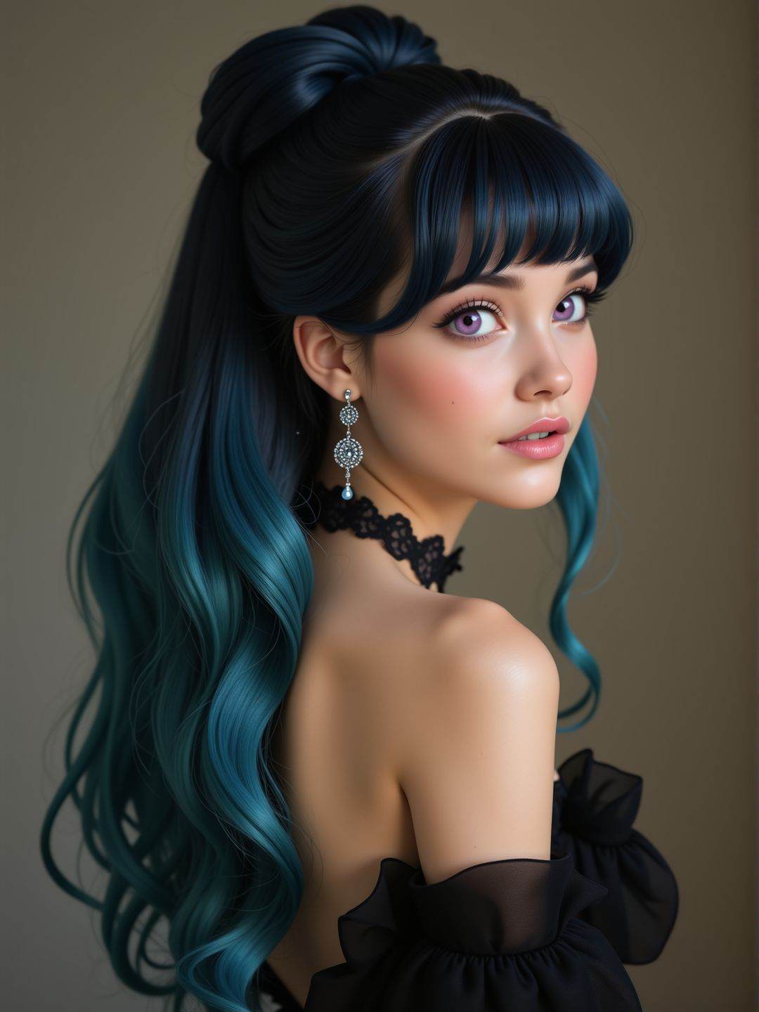 A close shot from behind of a young elegant woman. 18yo. She wears a black elegant dress ,  earrings,  eyeliner and a chok...