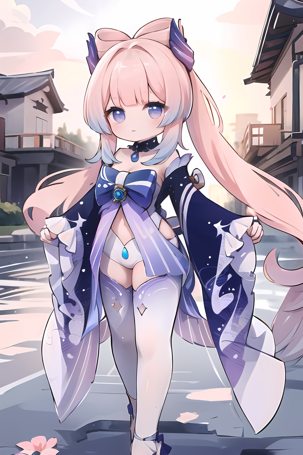(masterpiece, best quality:1.2),insanely detailed,absurdres,ultra-highres,ultra-detailed,best quality,slender,kawaii,perfect symmetrical face,ultra cute girl,ultra cute face,ultra detailed eyes,ultra cute,ultra beautifu,standing,outdoors,day,sangonomiya kokomi,hair ornament,white pantyhose,white half gloves,frilled sleeves,bow-shaped hair,bow,detached collar,sandals,white panties,1girl,solo,wide sleeves,long hair,<lora:Sangonomiya Kokomi-000001:1>,