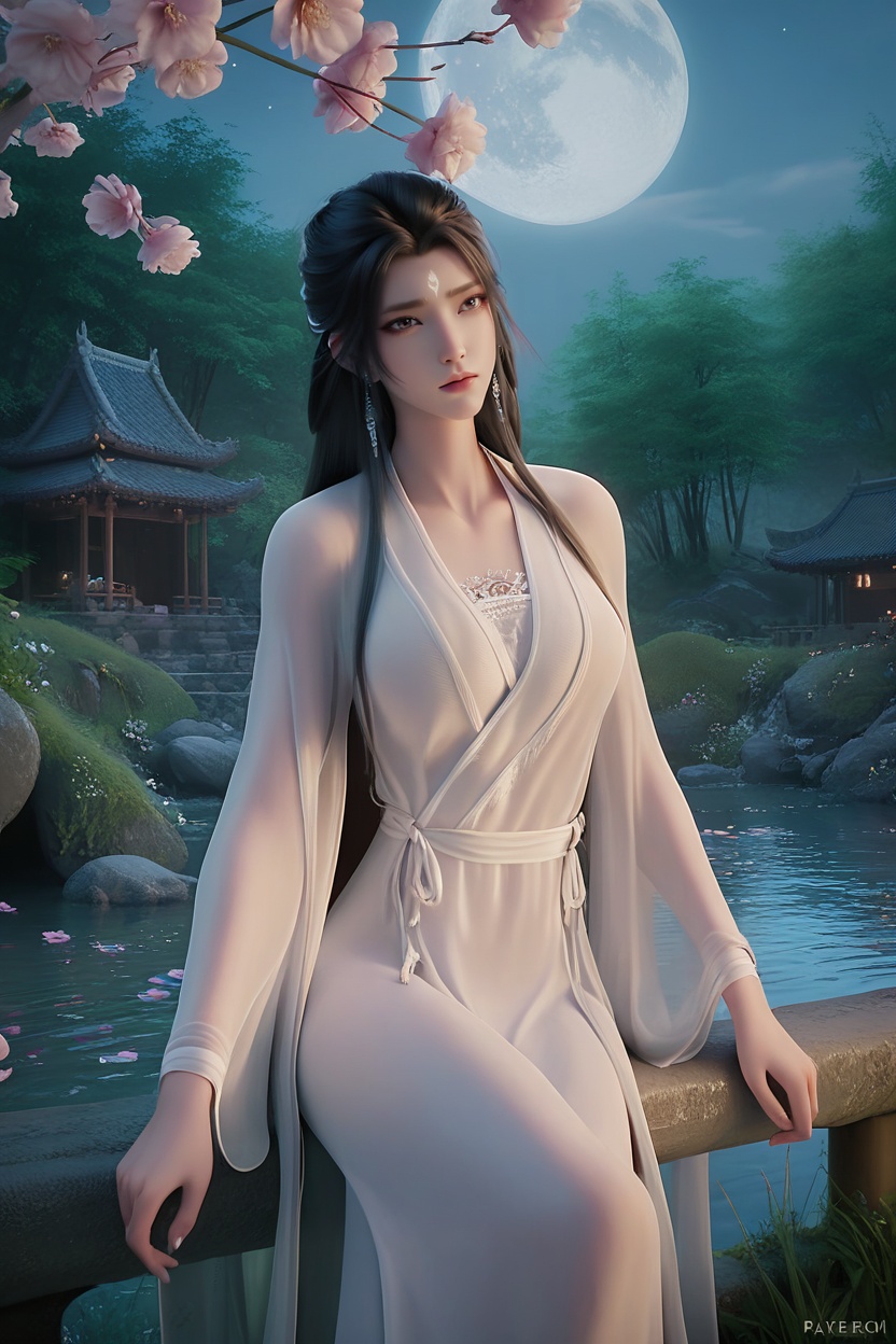 <lora:XL16诛仙陆雪琪单衣:0.95>,miss luxueqi,see-through robe,white hanfu,white lace bandeau,forehead mark,black hair,very long hair,long front strands,(large breasts:1.2),tree,flower,pink_flower,water,river,stone,night,moon,flowers_Surrounded,looking at viewer,, score_9,score_8_up,score_7_up,score_6_up,score_5_up,score_4_up,3d rendering,tag1,tag2, Cinematic Lighting,backlighting,
