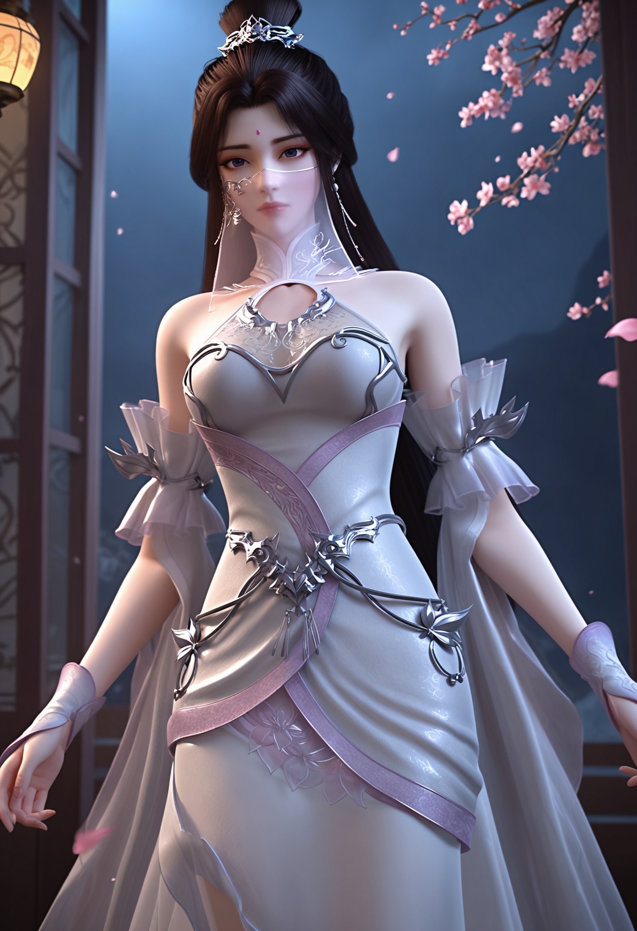 (cowboy shot:1.2),(looking at viewer:1.1),masterpiece,(best quality),smog,Dark room,dim lighting,peach blossom,falling petals,<lora:YQ_Illustrious光辉v5_月婵2.0_V2:0.8>,q1528437228,1girl,solo,long hair,white dress,jewelry,earrings,forehead mark,black hair,brown hair,hair ornament,hair bun,mouth veil,detached sleeves,single hair bun,purple eyes,breasts,expressionless,shoes,see-through,