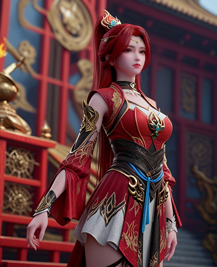 (oriental architecture, elegant decor, sophisticated style:1.1),(climbing:1.1),looking at viewer,(breasts:1.2),<lora:XL斗破苍穹唐火儿:0.95>,miss tanghuoer,red dress,brown eyes,red hair,ponytail,hair ornament,long hair,choker,asymmetrical sleeves,sash,skirt,, score_9,score_8_up,score_7_up,score_6_up,score_5_up,score_4_up,3d rendering,tag1,tag2, Cinematic Lighting,backlighting,, zPDXL3, zPDXL2,zPDXL, zPDXLxxx, zPDXLrl,