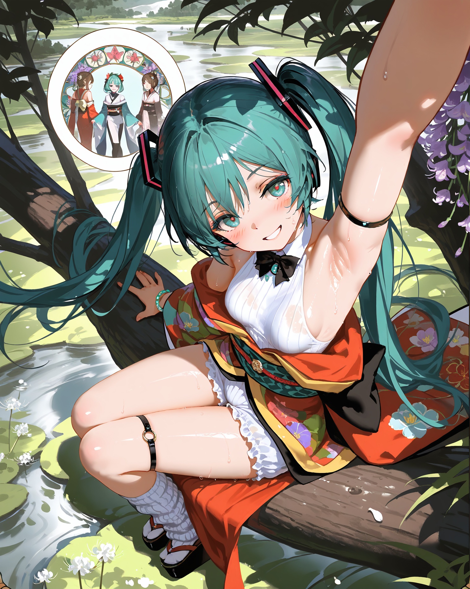 (ibara dance:1.3),(wlop:1.2),bukurote,dk senie,alchemaniac,liduke,fuzichoco,nyalia,,masterpiece,highres,absurdres,uncensored,NSFW,rating explicit,best quality,year 2024,newest,(art nouveau:1.4), hatsune miku,white bracelet,kneehighs,ribbed legwear,loose socks,fishnet leggings,mismatched legwear socks,footwear ribbon,wedge platform footwear,gladiator sandals,black bowtie,(multicolored kimono:1.2),layered kimono,lightcyan pelvic curtain,detached sleeves,armlet,furisode,(bloomers:1.2),jewelry,chains,blue eyeshadow,garter straps,o-ring thigh strap,o-ring,oiled up skin, blush,:d,grin,armpits,(head tilt:1.1),reaching,skirt pull,sitting in tree,legs together, presenting armpit,sweaty armpits,(grove:1.3),stream,(outdoors:1.2),(spider lily:1.2),orchid,wisteria,tree,(looking at viewer:1.2),(from above:1.1),from behind,cinematic angle,Show less