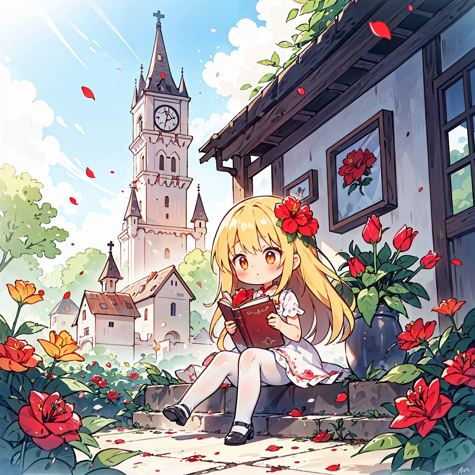 1girl, apple, blonde_hair, blood, book, bouquet, building, camellia, castle, cloud, cross, defloration, dress, falling_petals, flower, hibiscus, holding_flower, leaf, long_hair, orange_flower, outdoors, petals, pink_rose, plant, red_flower, red_rose, rose, rose_petals, sitting, sky, spider_lily, stairs, strawberry, thorns, tombstone, tower, tulip, vase, vines, watering_can, wind, backlight, colors, white pantyhose