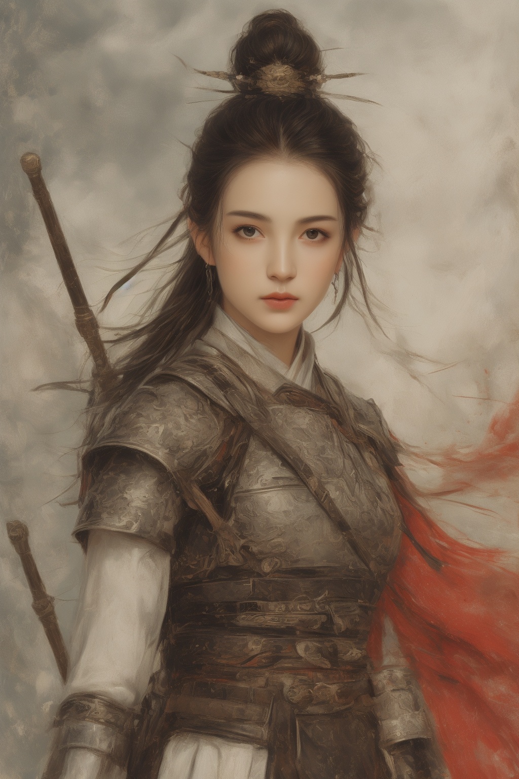 <lora:guohuagirl2-000009:0.7>,HDR,UHD,8K,Highly detailed,best quality,masterpiece,1girl, upper body, weapon, armor, looking at viewer, sword, long hair, brown eyes, solo focus, jewelry, lips, earrings, cape, realistic, brown hair, black hair, parted lips, shoulder armor