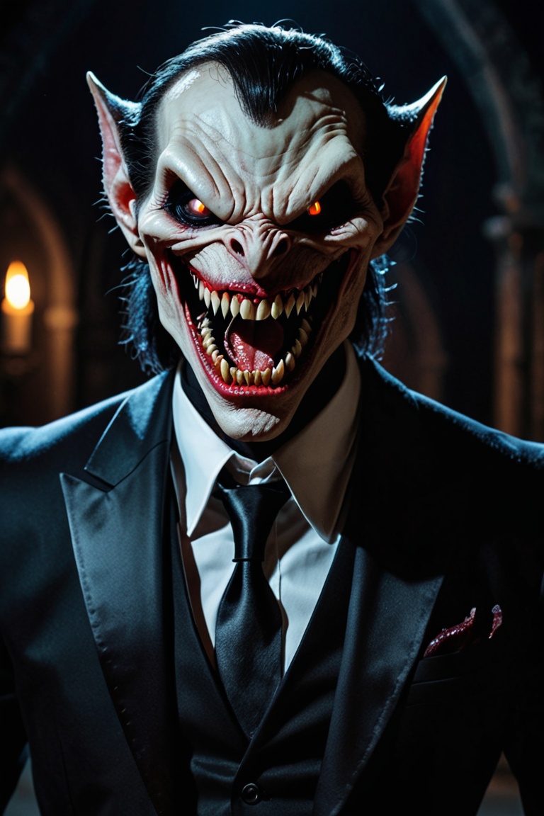 a monstrous vampiric creature that emerges from the darkness in search of its prey. wearing a black suit,  while his eyes...