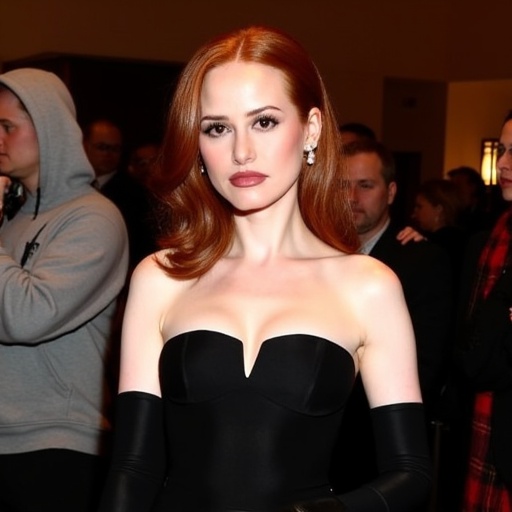 This is a high-quality photograph of a fair-skinned woman with striking red hair styled in soft waves that fall just past...