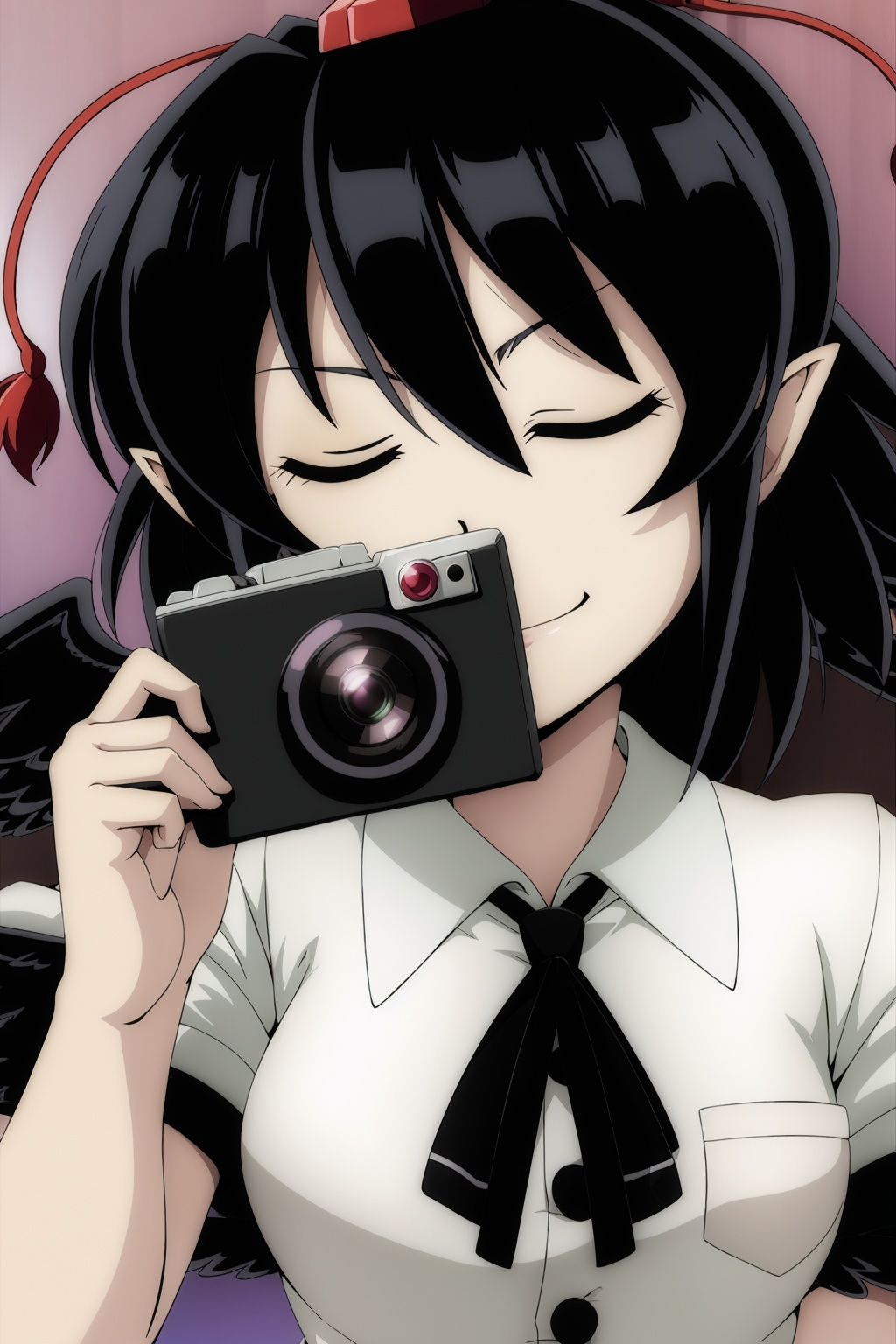 masterpiece, best quality, <lora:tgm-v2:1>,pixiv,1girl, shameimaru aya, solo, hat, camera, black hair, closed eyes, wings, pointy ears, tokin hat, short hair, black wings, smile, close-up, parody, shirt, holding