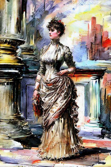 closeup of StacyHiggins wearing dress illustration by Roy Krenkel 1880_dr3ss on Tensor.Art