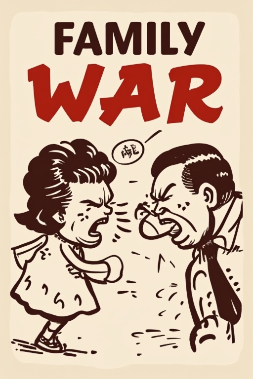 manhua,A poster with the title 'Family War', a man and a woman fight, women and men criticize each other, fight each other, anger, tension,
