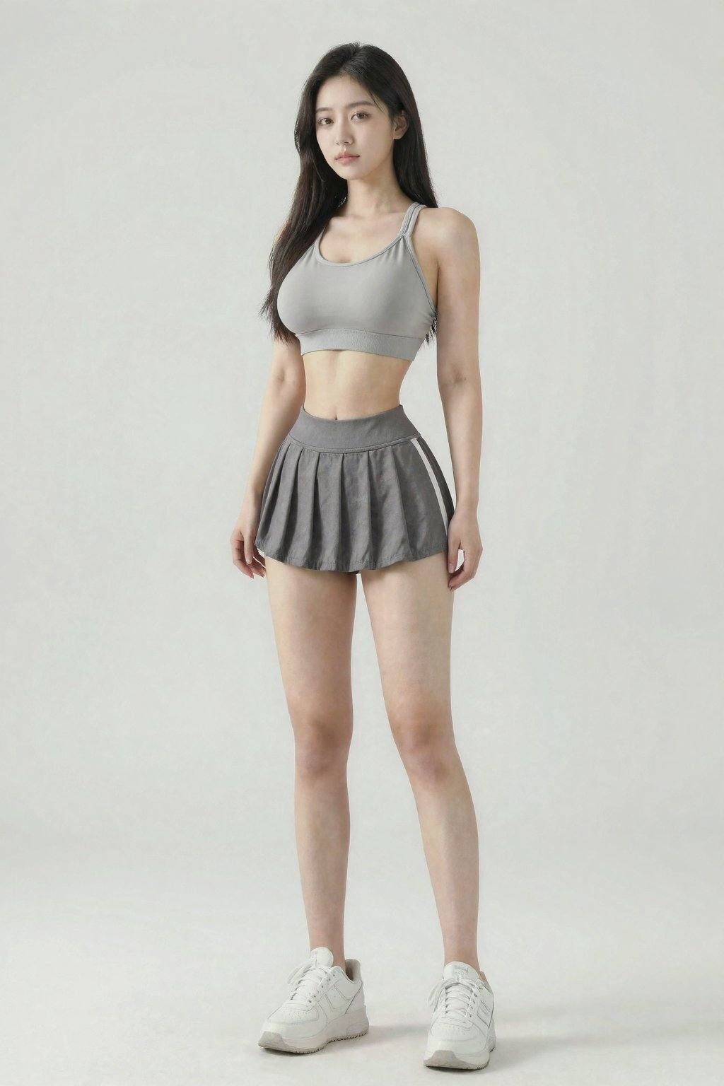 <lora:20260207_TinZITGirlLoraB:1>, 创建一张年轻女性站在极简主义风格的摄影棚内，背景为白色。她留着一头乌黑的长直发，身穿灰色紧身运动文胸和灰色超短百褶裙，裤子侧边饰有一条时尚的白色条纹。她的姿势动感而放松，展现出健美的体态。她脚上的白色运动鞋简洁时尚，与整体运动造型相得益彰。整幅画面应强调运动感和时尚感，柔和的光线营造出轻柔的阴影，凸显她的身材曲线。