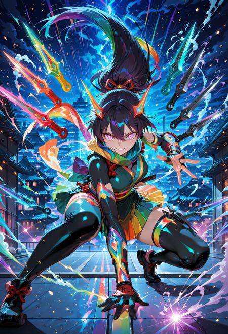 crazy anime ninja girl, glowing throwing knives, rainbow color weapons, reverse rainbow, magical kunai, dynamic battle pose, crouching throw stance, glowing eyes, colorful trails, magical throwing weapons, explosive colors, anime style, urban rooftop, night battle, prism light, energy motion blur, sharp expression, glowing outfit details, colorful sash, chaotic magic, rainbow energy, cinematic lighting, epic pose, high detail, particles in air, high speed action, intense focus, neon background