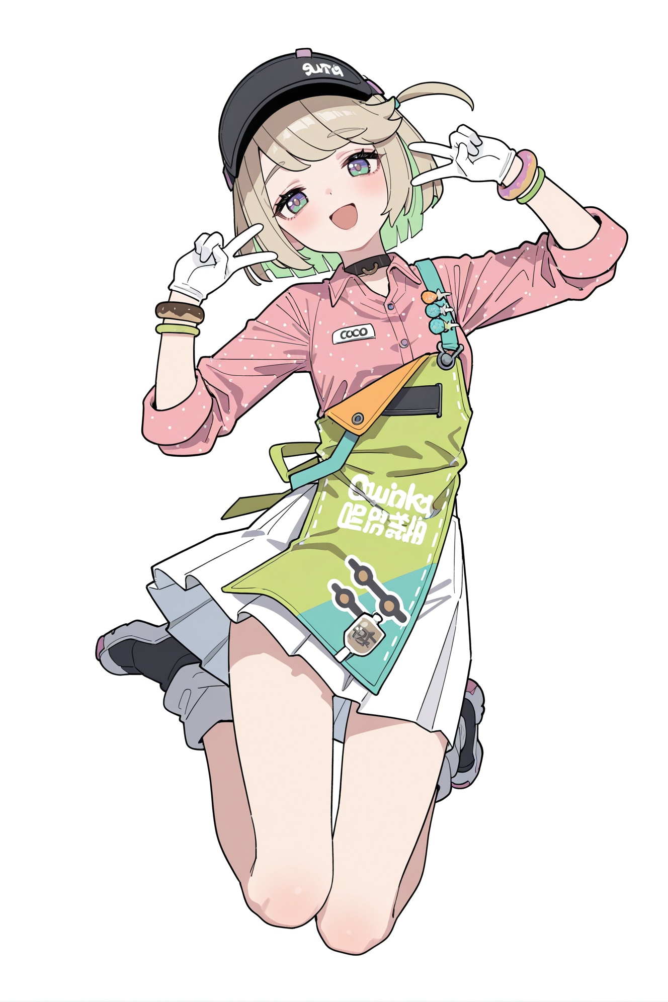 8k,best quality,masterpiece,ultra-detailed,(high detailed skin),(year 2024:0.8),flat color,artist:maidforge,artist:aqua inc.,artist:edoya inuhachi,artist:reoen,artist:fuzichoco,solo,white background,simple background,petite,skinny,looking_at_viewer,panorama,full_shot,dashed_eyes,jumping,double_v,happy,<lora:coco-ill-Tanger:0.8>,CoCo \(Zenless Zone Zero\),clothes: CoCo def Clerk's uniform,1girl,hat,gloves,shirt,bracelet,pink shirt,jewelry,apron,white skirt,short hair,collared shirt,