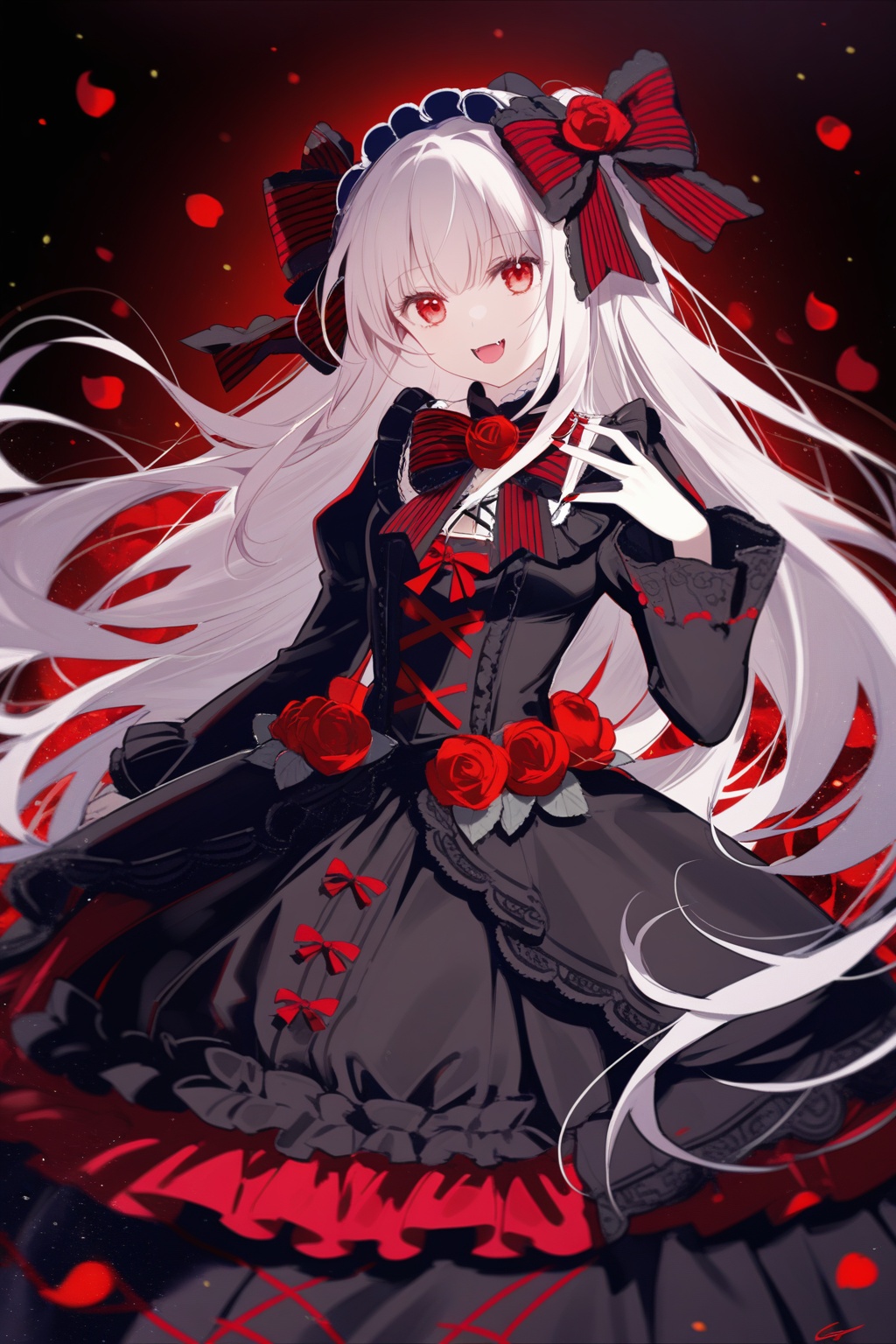 1girl, solo, red_eyes, long_hair, dress, flower, rose, bow, letterboxed, lolita_fashion, striped_bow, vampire, open_mouth, frilled_dress, frills, looking_at_viewer, red_flower, hair_bow, smile, very_long_hair, breasts, gothic_lolita, red_rose, petals, fangs, black_dress, signature