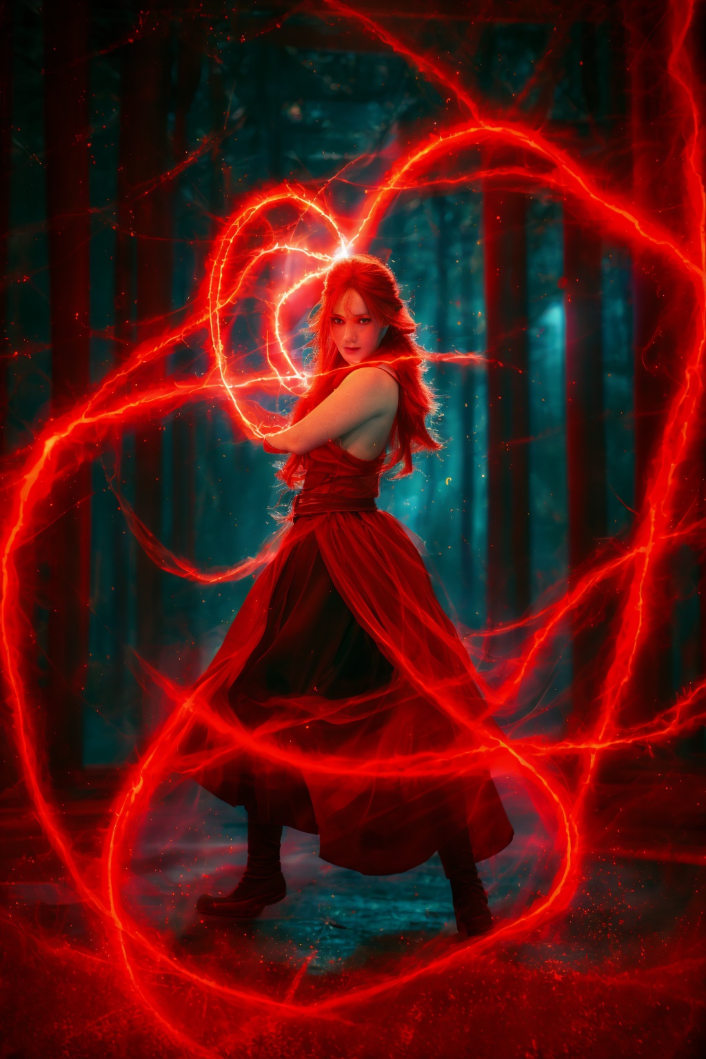 dancing,fighting stance,red-lightning-aura,using red-lightning-magic,red-lightning-magic,1girl,solo,long hair,blue eyes,common face,full body,<lora:magic_fighting_red_512_dreamshaper_8:0.8>,