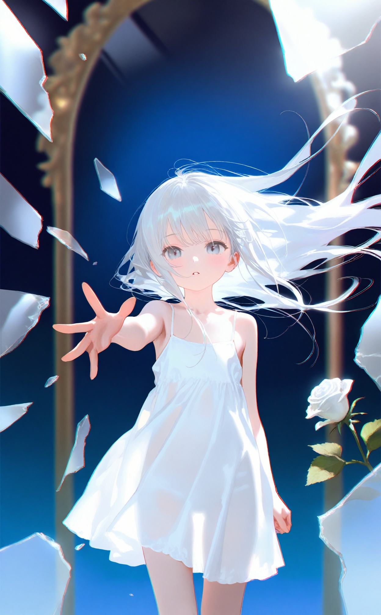 masterpiece,blurry background,background light,loli,loli,1girl,dress,solo,white dress,long hair,looking at viewer,white hair,see-through silhouette,parted lips,flower,grey eyes,white flower,reaching,white rose,see-through dress,reaching towards viewer,glass,sleeveless dress,sundress,bare shoulders,rose,sleeveless,see-through,broken glass,outstretched arm,glass shards,bare arms,standing,spaghetti strap,blue background,collarbone,flat chest,outstretched hand,blush,blue eyes,reflection,floating hair,