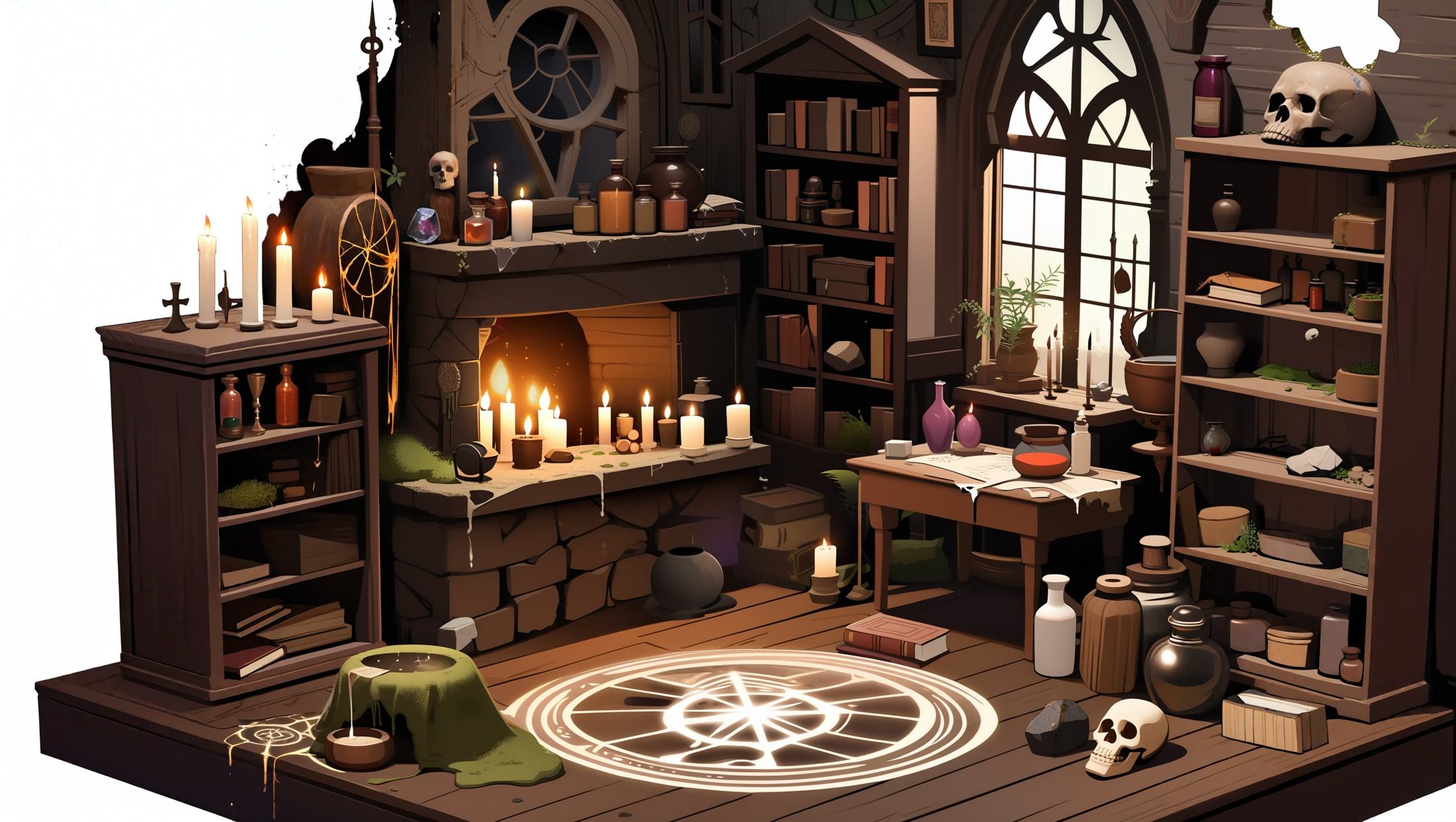 masterpiece,best quality,<lora:gamebg:0.5>,realistic,white background,1girl,witch,room-style,old wooden flooring,mystical symbols,dark stone walls,cobwebs,moss,ancient tattered tapestries,bookshelves,gothic windows,stained glass,broken glass,large stone fireplace,potion bottles,magical tools,large dusty wooden workbench,herbs,potions,magical books,dark alchemy furnace,dusty cabinet filled with herbs and minerals,dried plants,dried animal specimens,intricate faded magic circle,old armchair,ancient globe,dim lighting,candles,dripping wax,large rusty cauldron,strange tools,unusual plants,evil symbols,incantations,skulls,bones,dark altar,black candles,offerings,bloodstains,