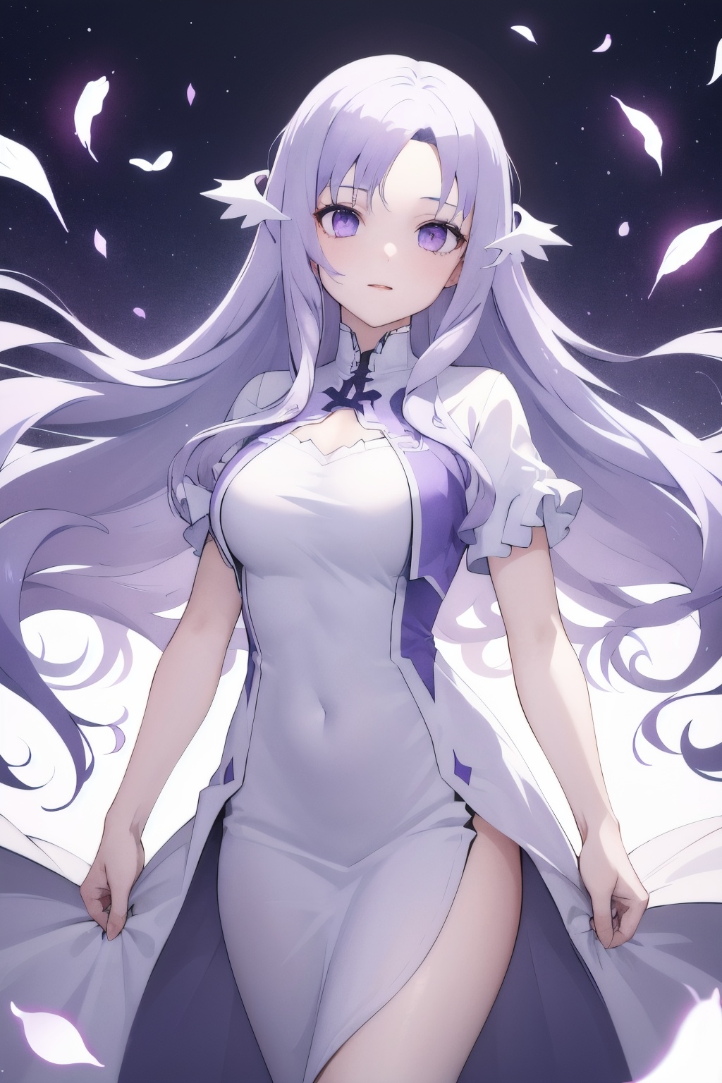 1girl,quinella_(SAO),solo,very long hair,floating hair,light purple hair,swept bangs,purple eyes,long dress,short sleeves,large breasts,<lora:lbc_quinella_(sao)24324_v1.0:0.8>,