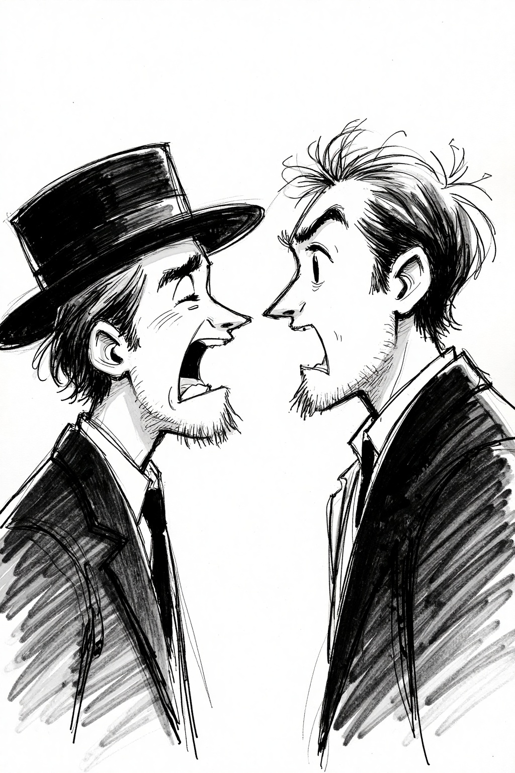 beijihui,A black and white sketch of two men facing each other. The man on the left has his mouth open and his eyes closed. His head is tilted slightly to the left and his mouth is slightly open. His eyes are open and he has a black hat on his head. His hair is long and dark and he is wearing a black jacket. His jacket is black and his hair is black. He is facing to the right of the man with his mouth wide open,